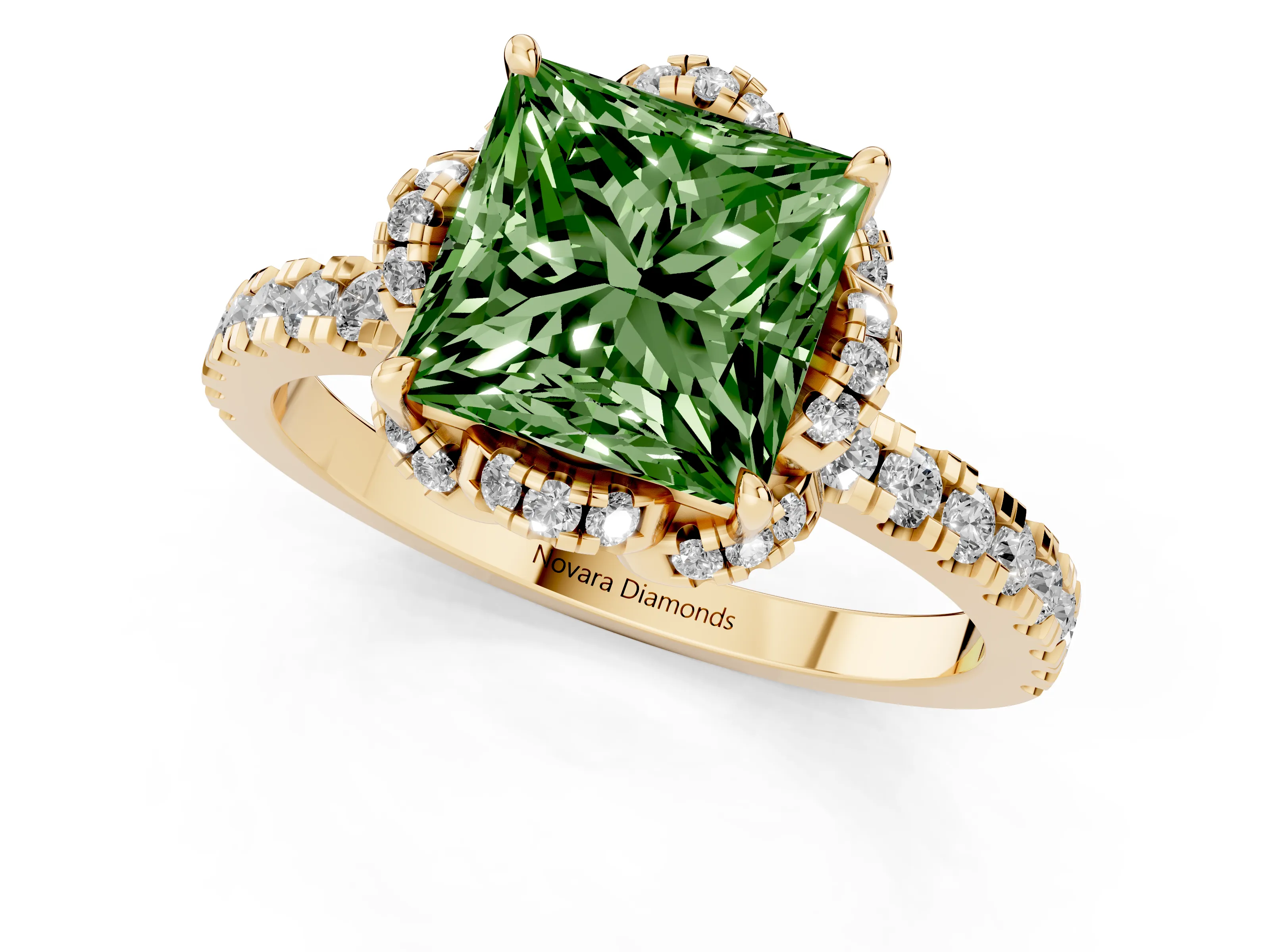 Fancy Green Princess Cut Diamond Halo Pavé Band Ring Set in Yellow gold with Prong-Held Center