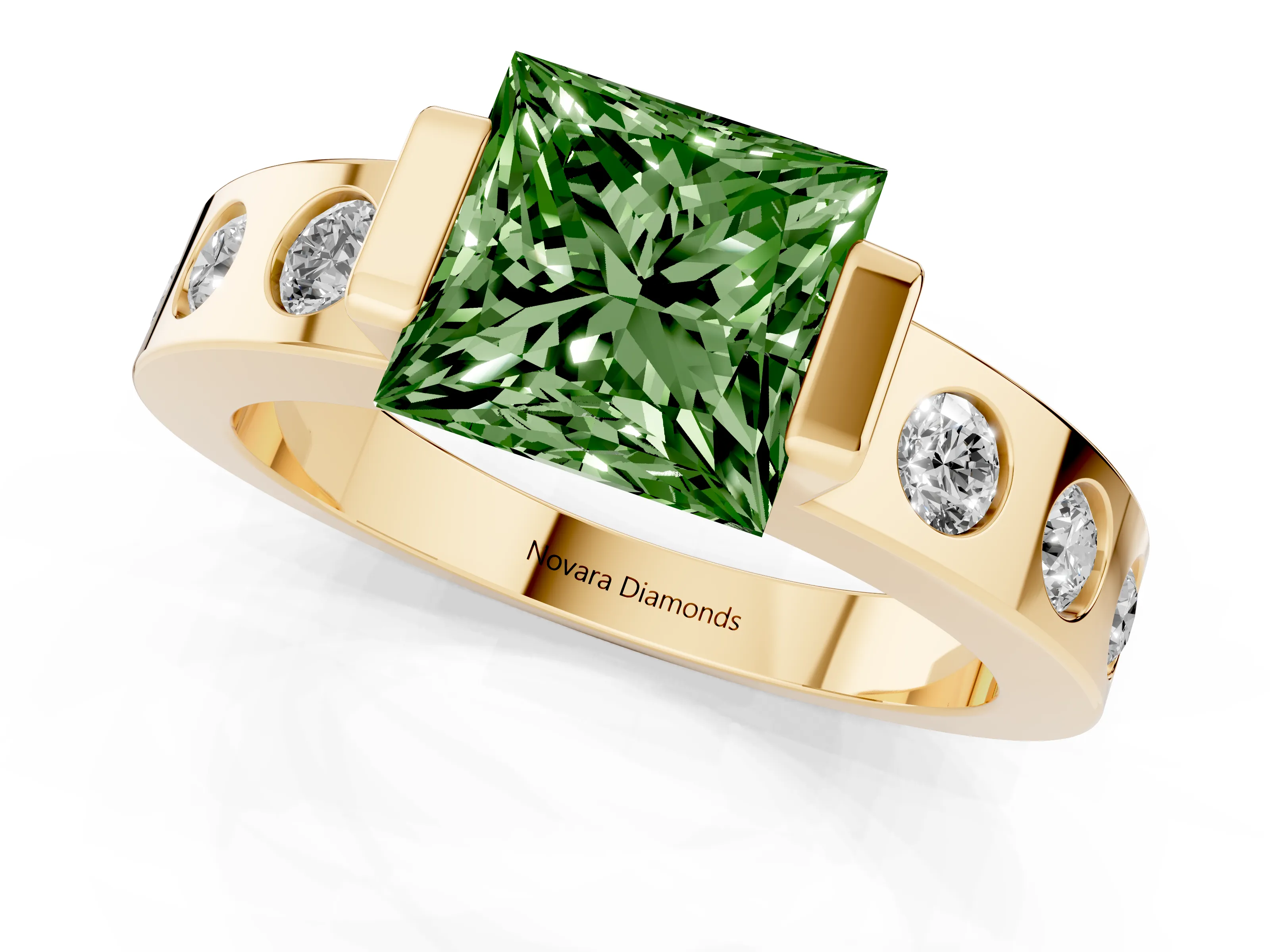 Fancy Green Princess Cut Diamond Channel-Set Band Ring Set in Yellow gold with Bezel Prong Setting