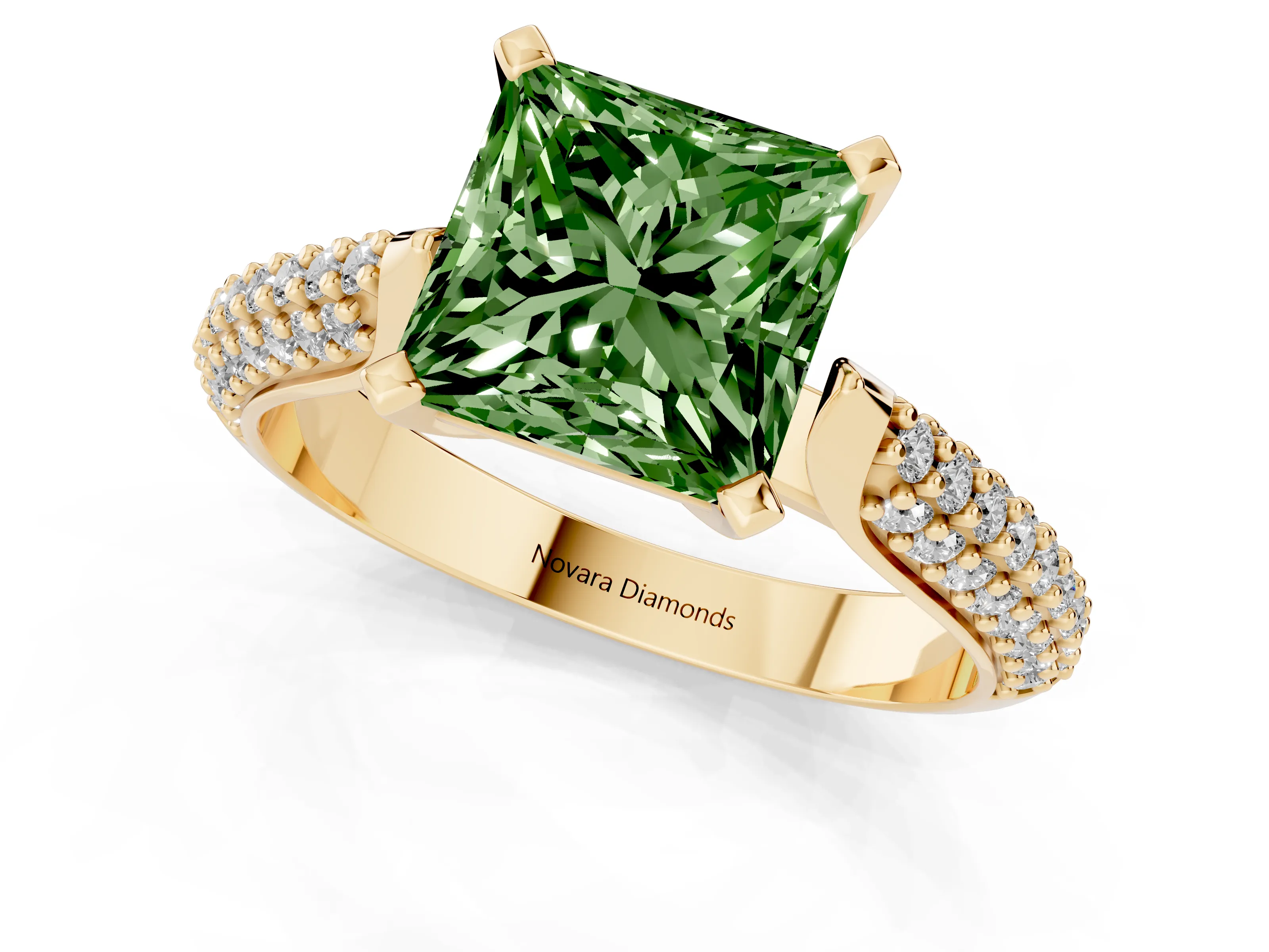 Fancy Green Princess Cut Diamond Solitaire Engagement Ring Set in Yellow gold with Multi-Row Round Pavé Band and Prong Setting