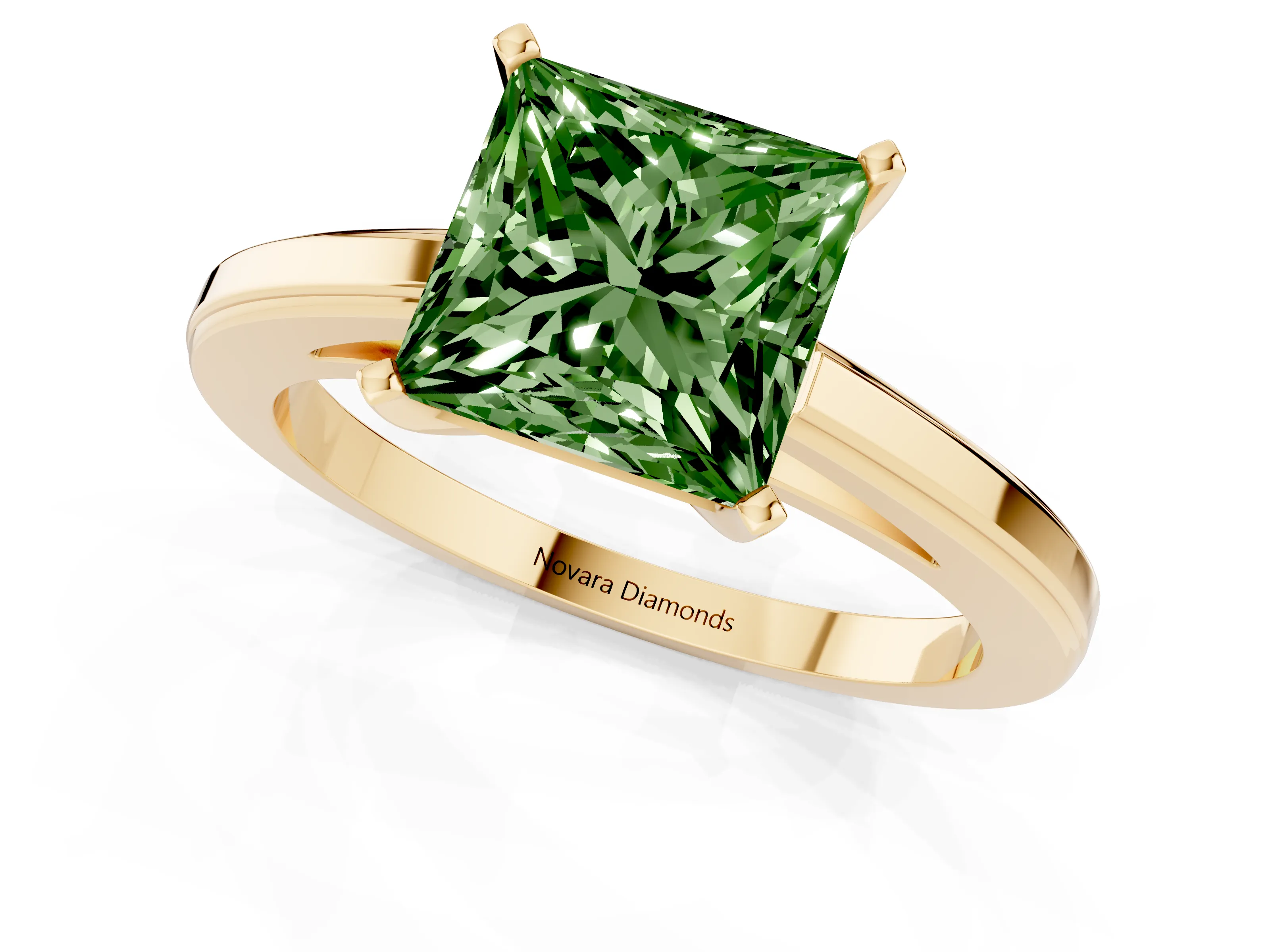 Fancy Green Princess Cut Diamond Solitaire Ring Set in Yellow gold with Prong Setting and Classic Band