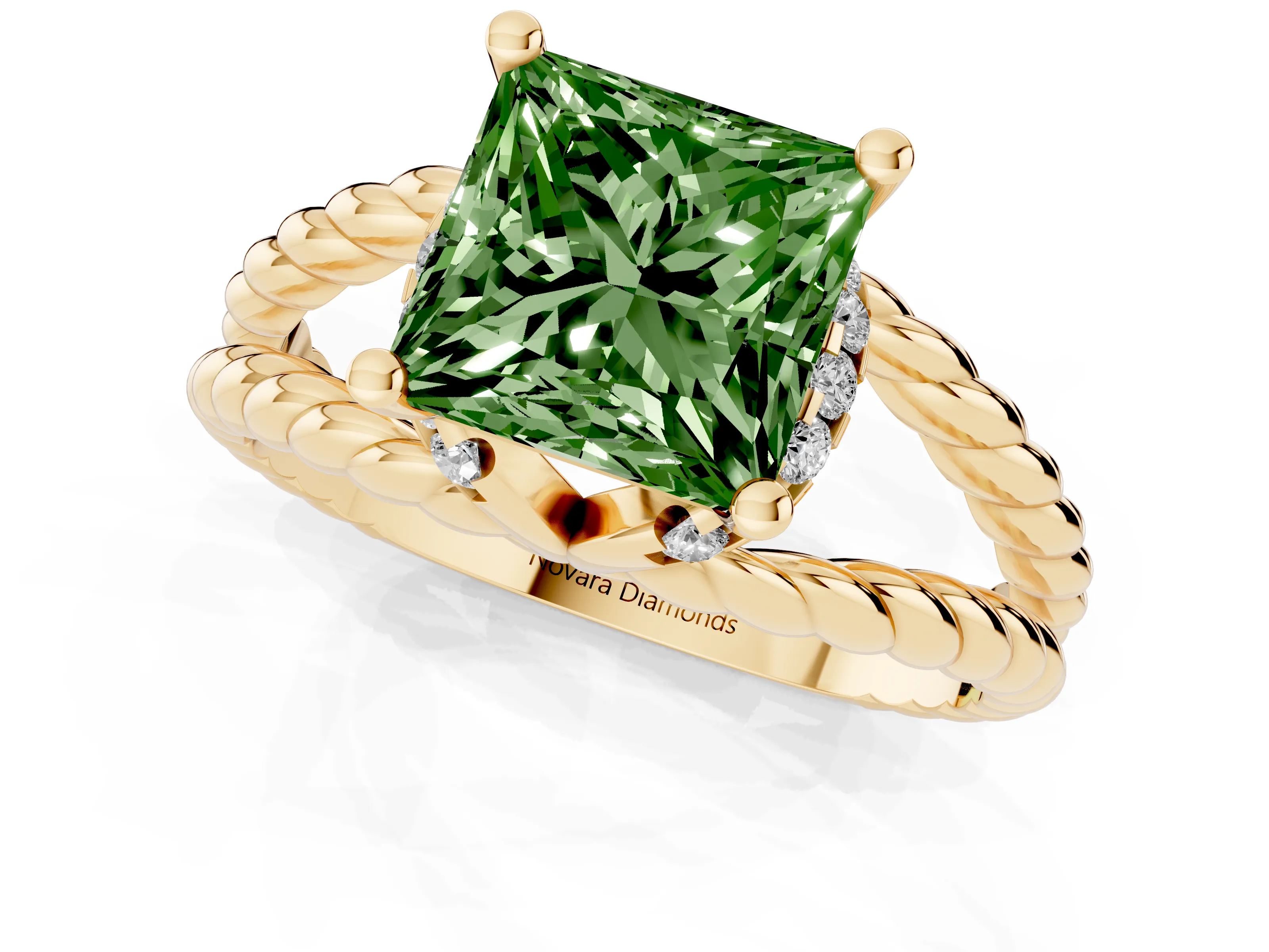 Fancy Green Princess Cut Diamond Halo Ring Set in Yellow gold with Twisted Band and Prong Setting