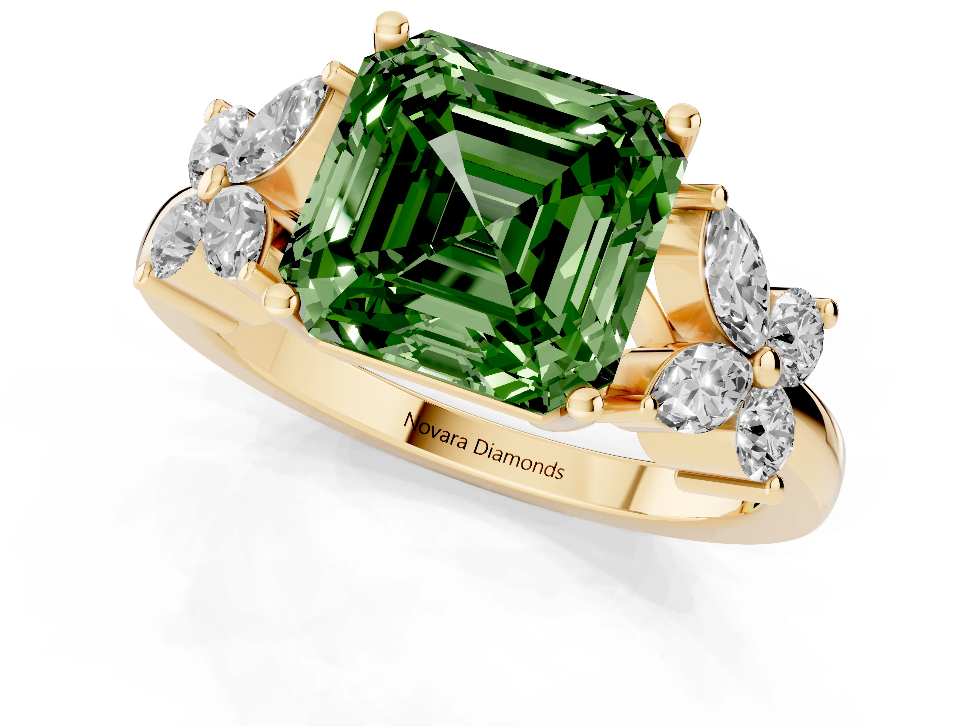 Fancy Green Princess Cut Diamond Floral Cluster Ring Set in Yellow gold with Marquise Petals and Prong Setting