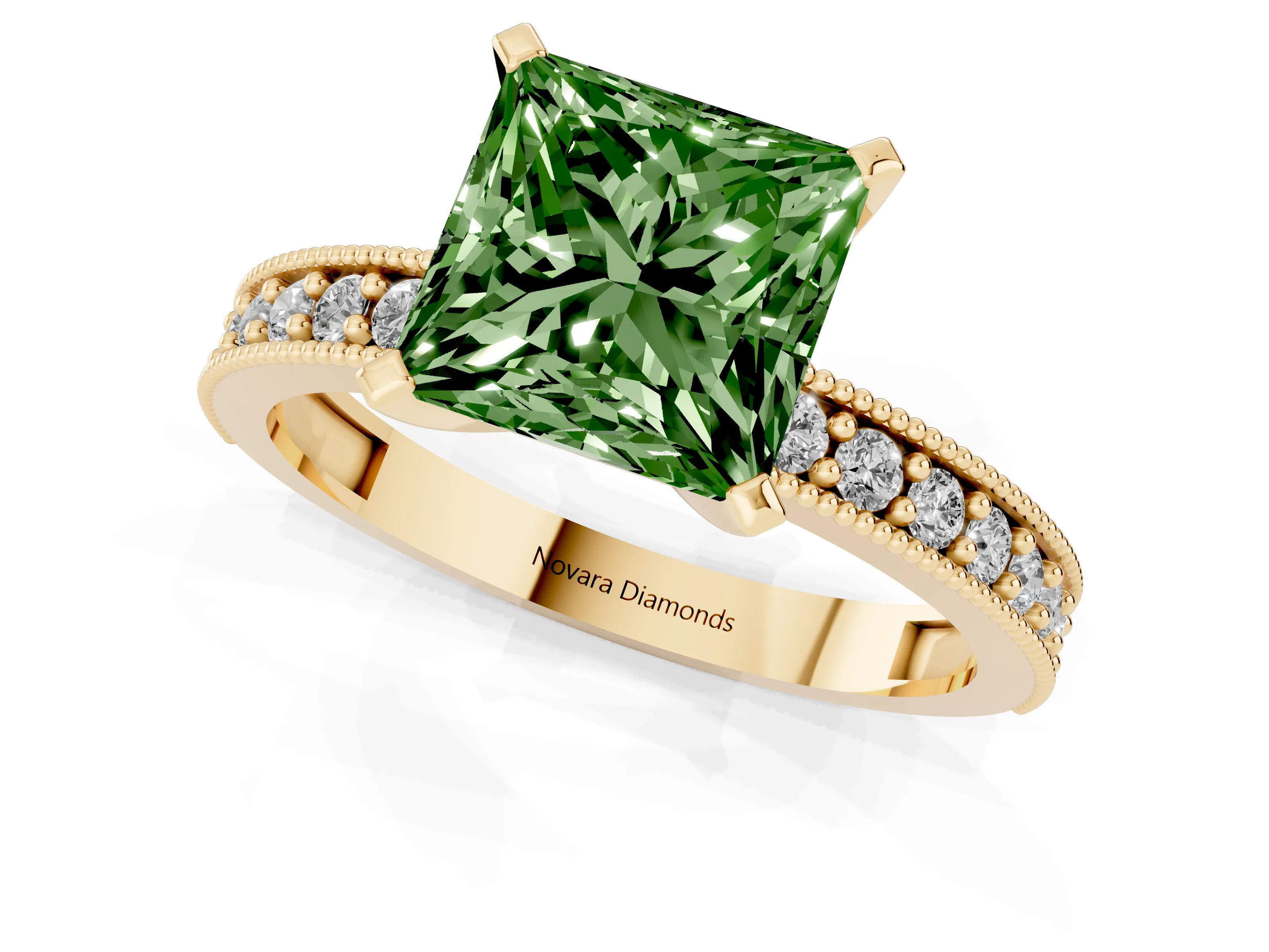 Fancy Green Princess Cut Diamond Milgrain Pavé Engagement Ring Set in Yellow gold with Prong Setting