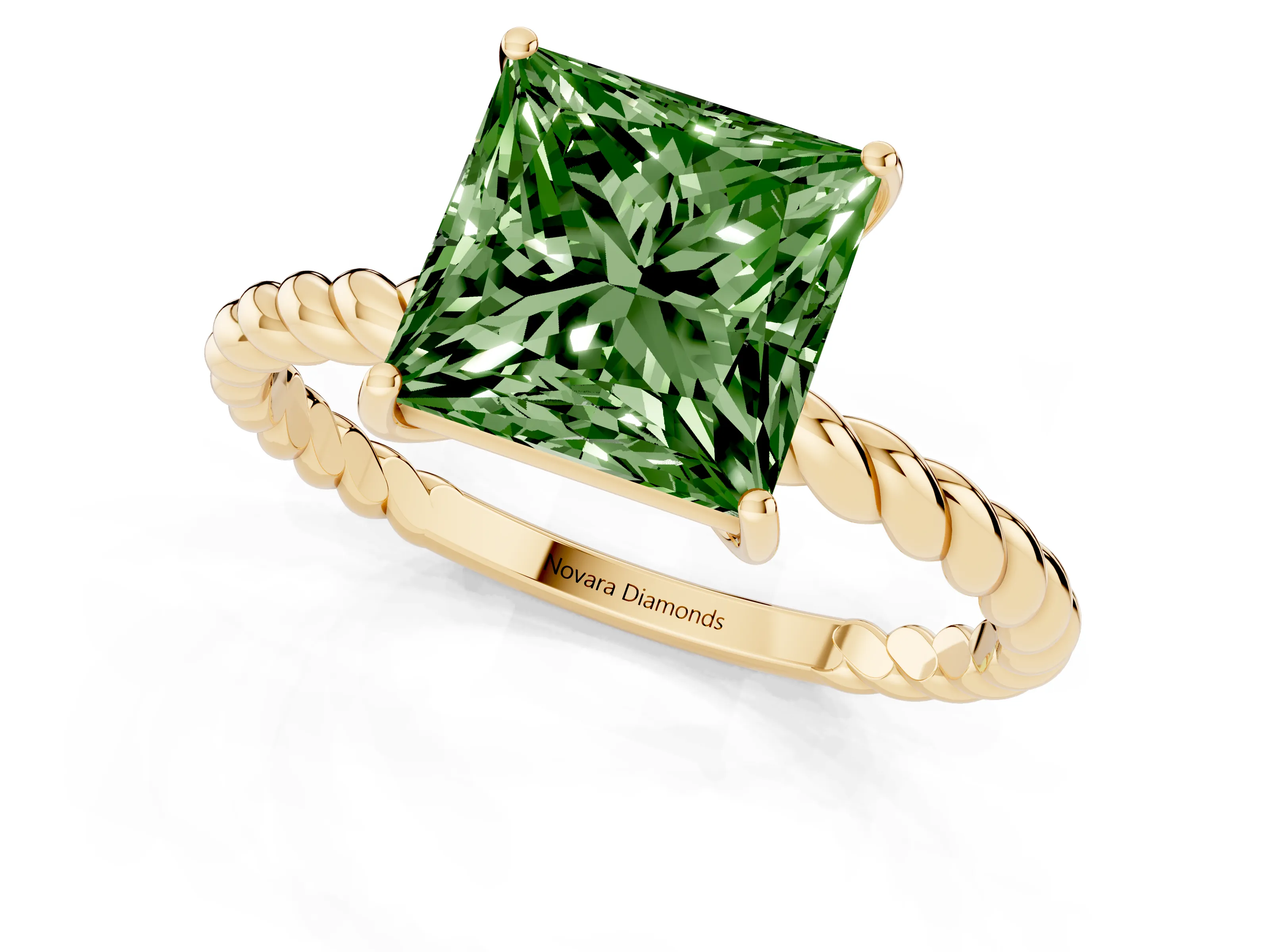 Fancy Green Princess Cut Diamond Solitaire Ring Set in Yellow gold with Twist Band and Prong Setting