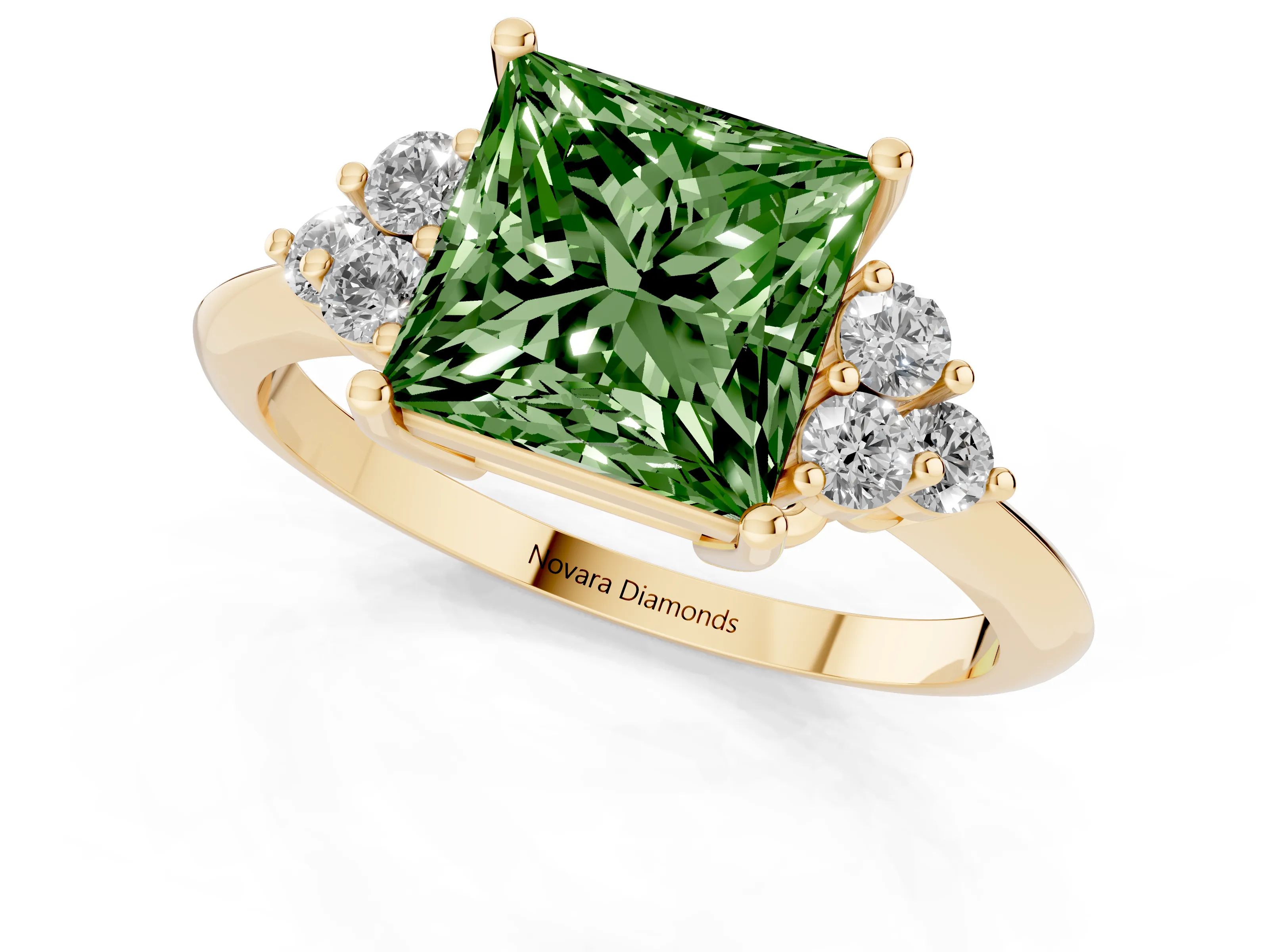 Fancy Green Princess Cut Diamond Cluster Ring Set in Yellow gold with Plain Band and Prong Setting