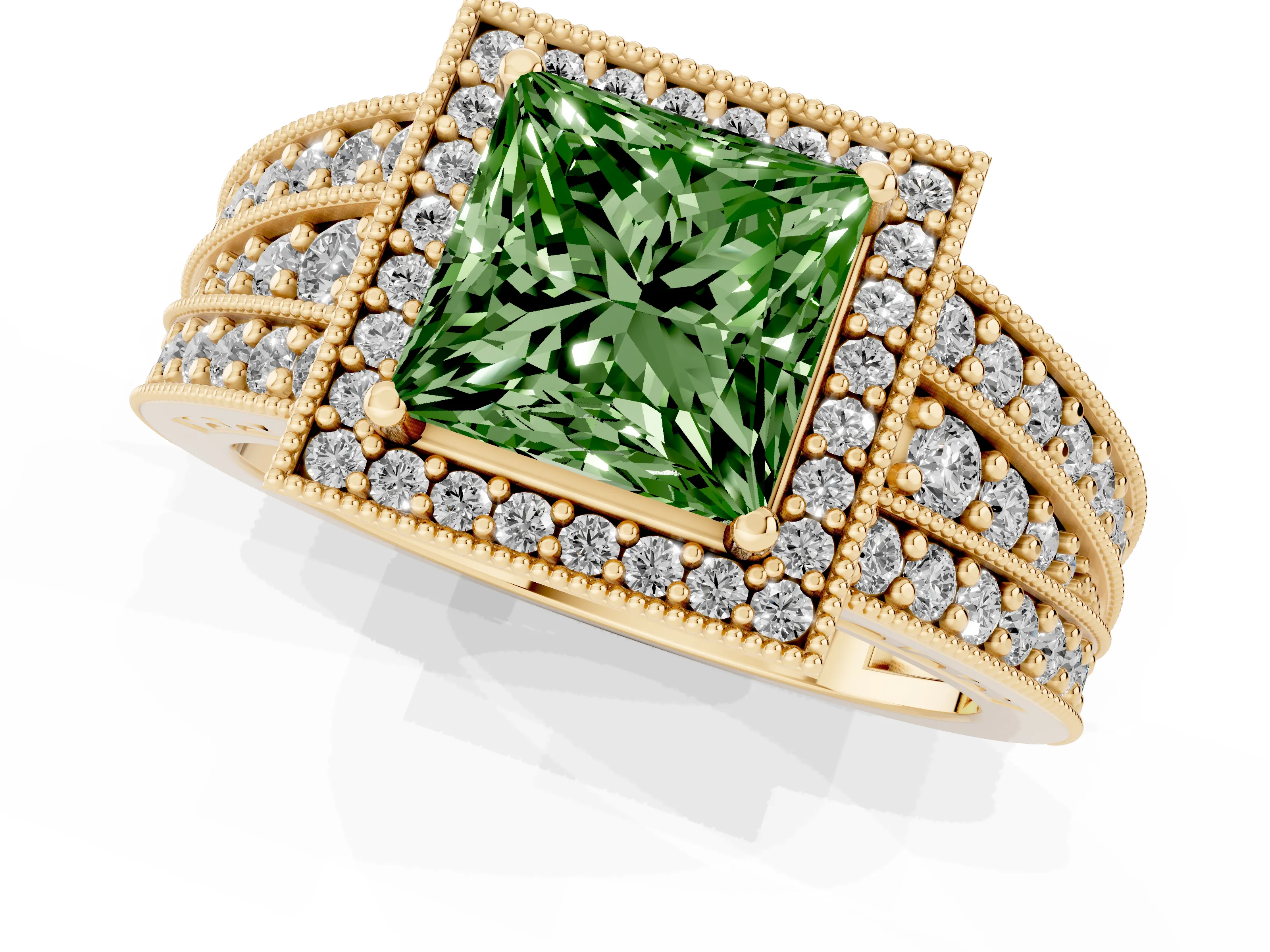 Fancy Green Princess Cut Diamond Halo Ring Set in Yellow gold with Accent Split Shank and Prong Setting