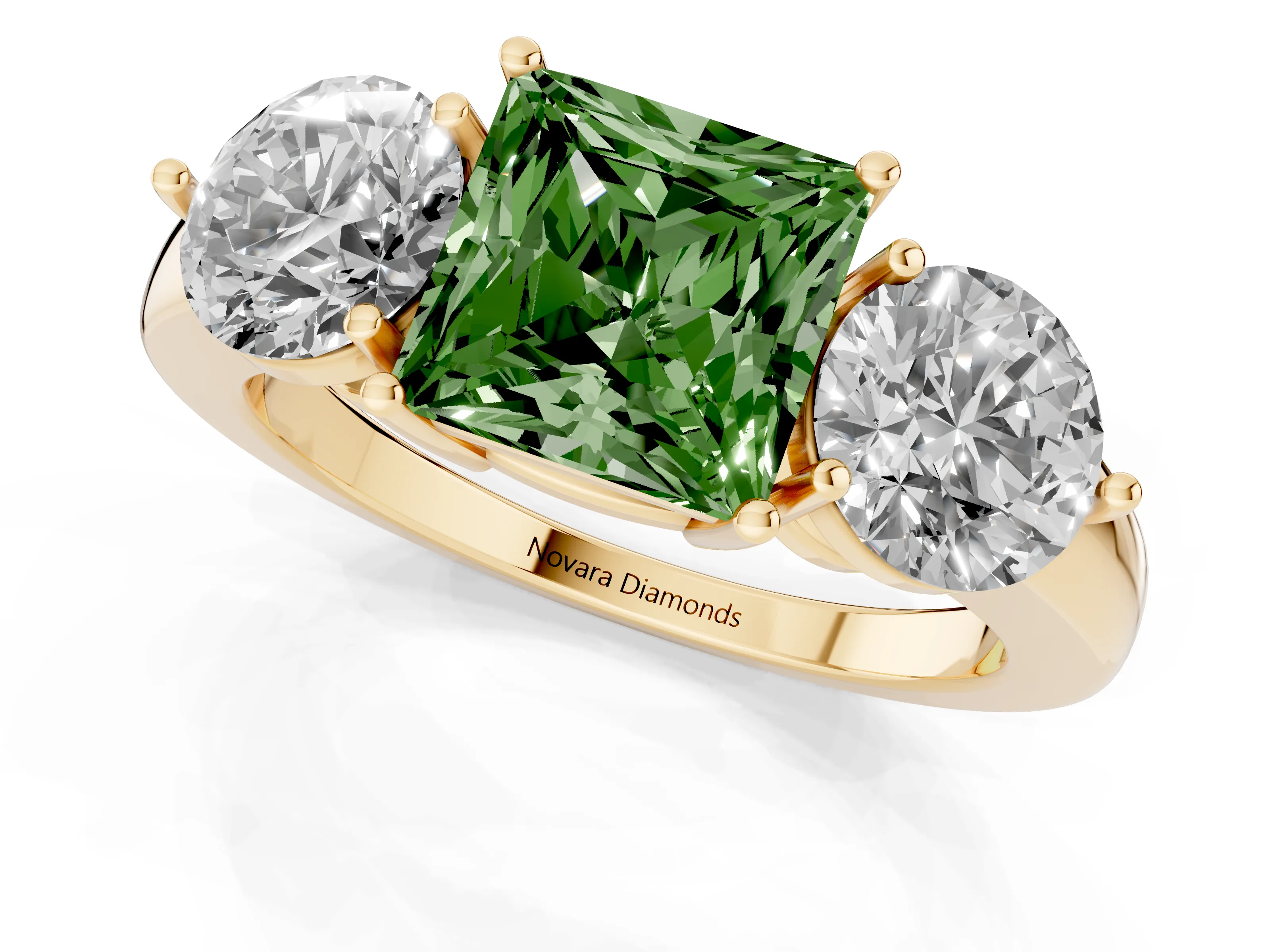 Fancy Green Princess Cut Diamond Three-Stone Ring Set in Yellow gold with Prong Setting and Plain Band