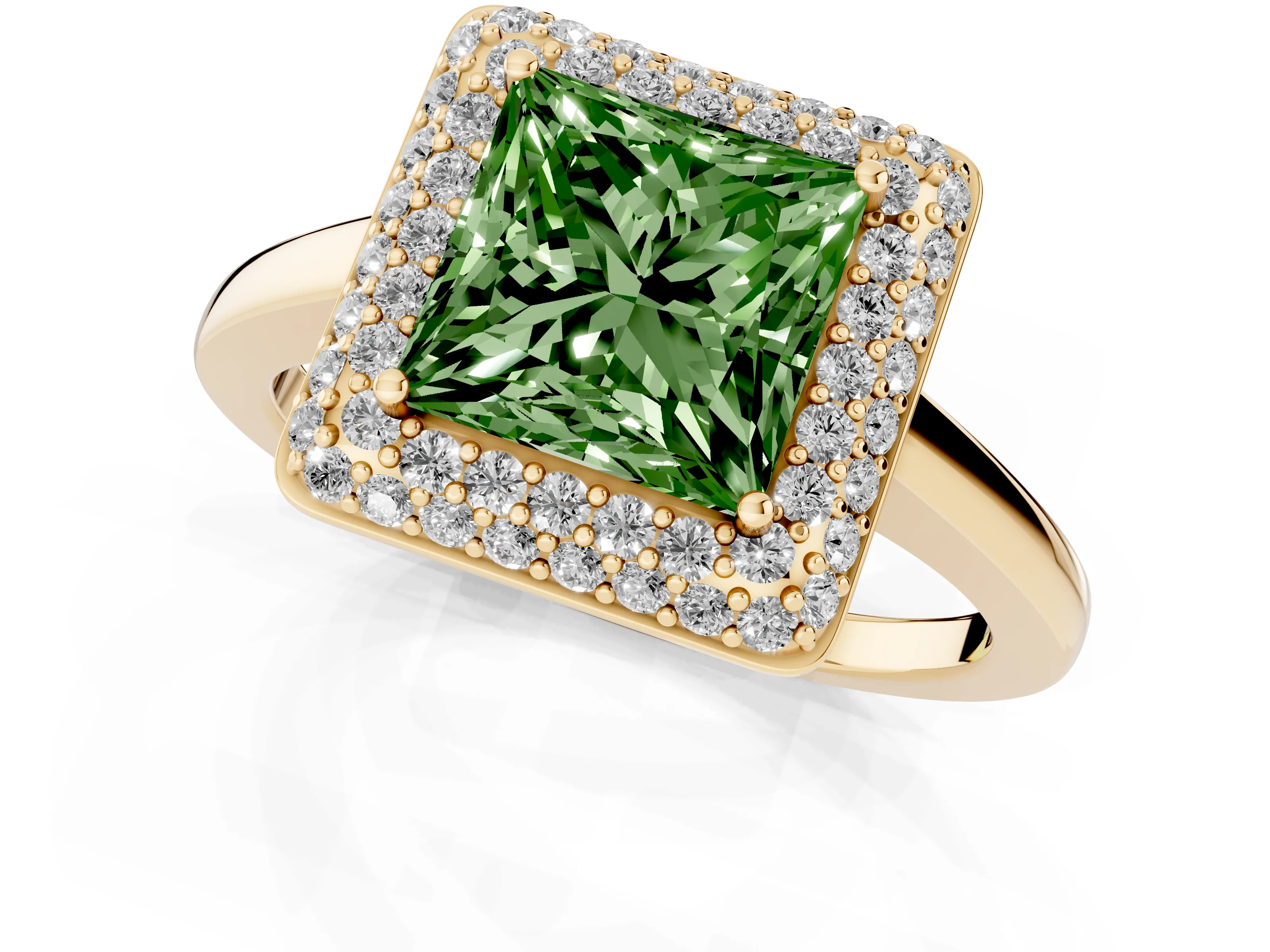 Fancy Green Princess Cut Diamond Halo Engagement Ring Set in Yellow gold with Solitaire Band and Prong Setting