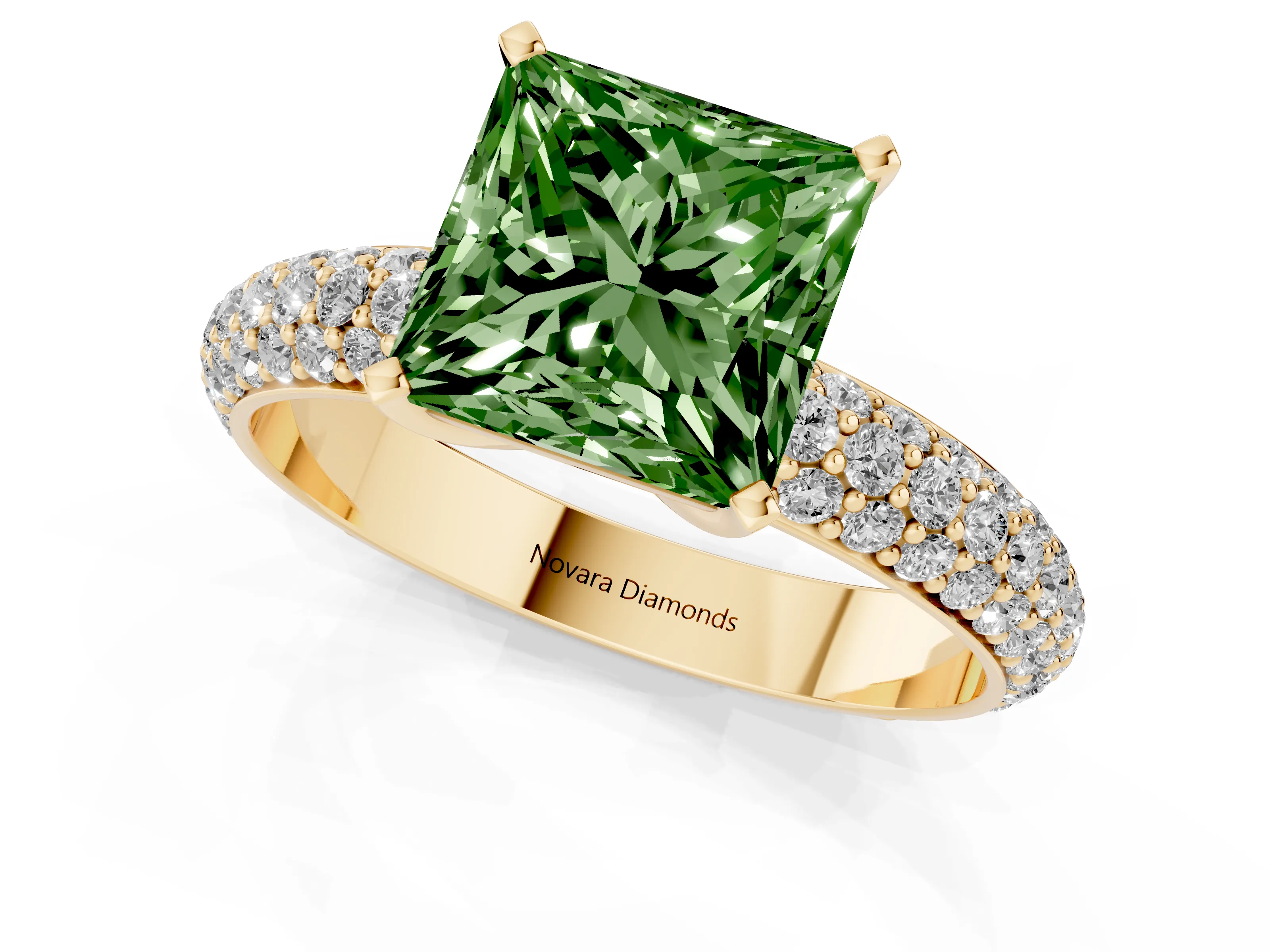 Fancy Green Princess Cut Diamond Solitaire Ring Set in Yellow gold with Prong Setting and Pavé-Set Band