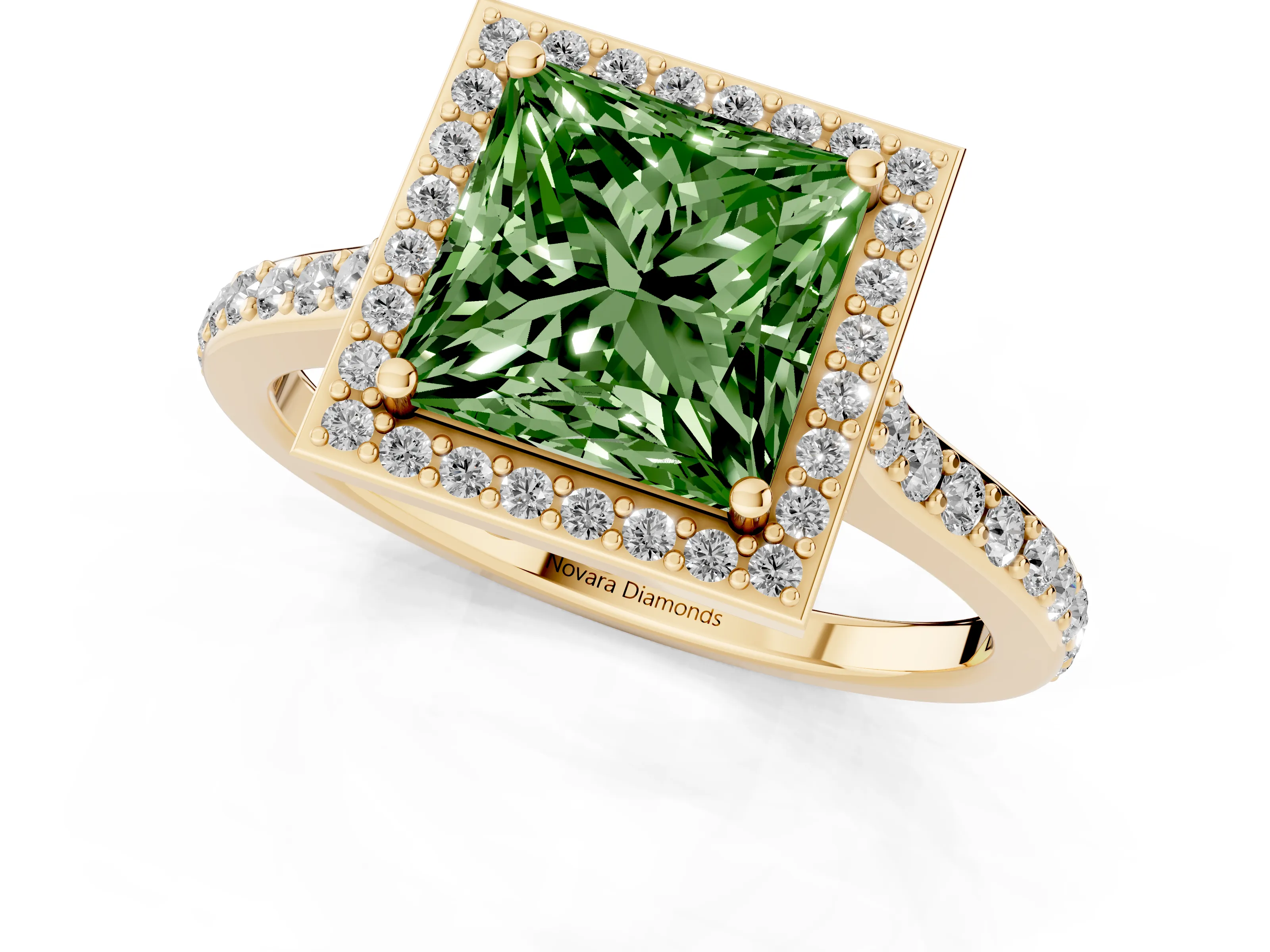 Fancy Green Princess Cut Diamond Halo Engagement Ring Set in Yellow gold with Round Pavé Shoulders and Heart Gallery