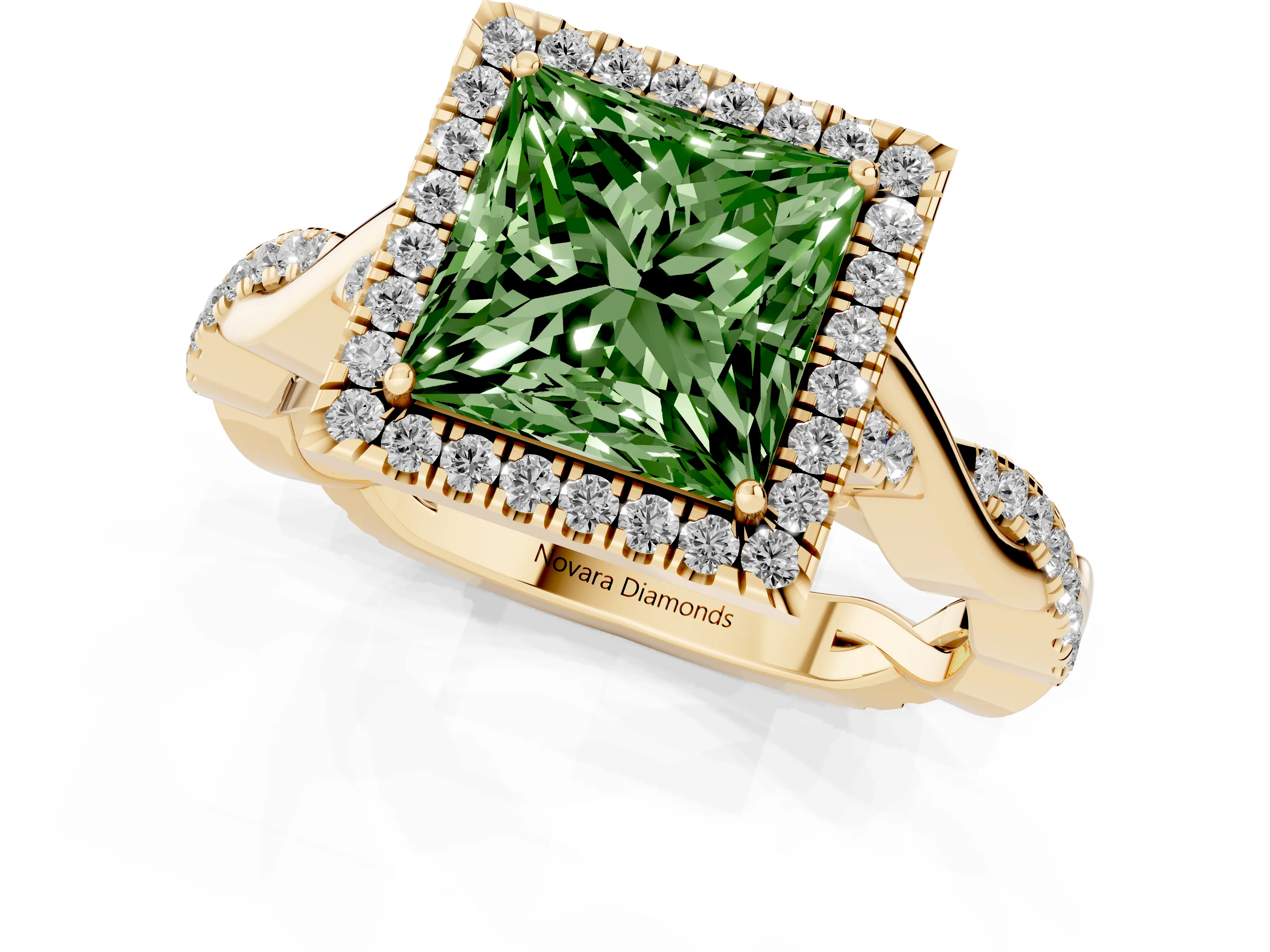 Fancy Green Princess Cut Diamond Halo Twist Band Solitaire Ring Set in Yellow gold with Prong Setting
