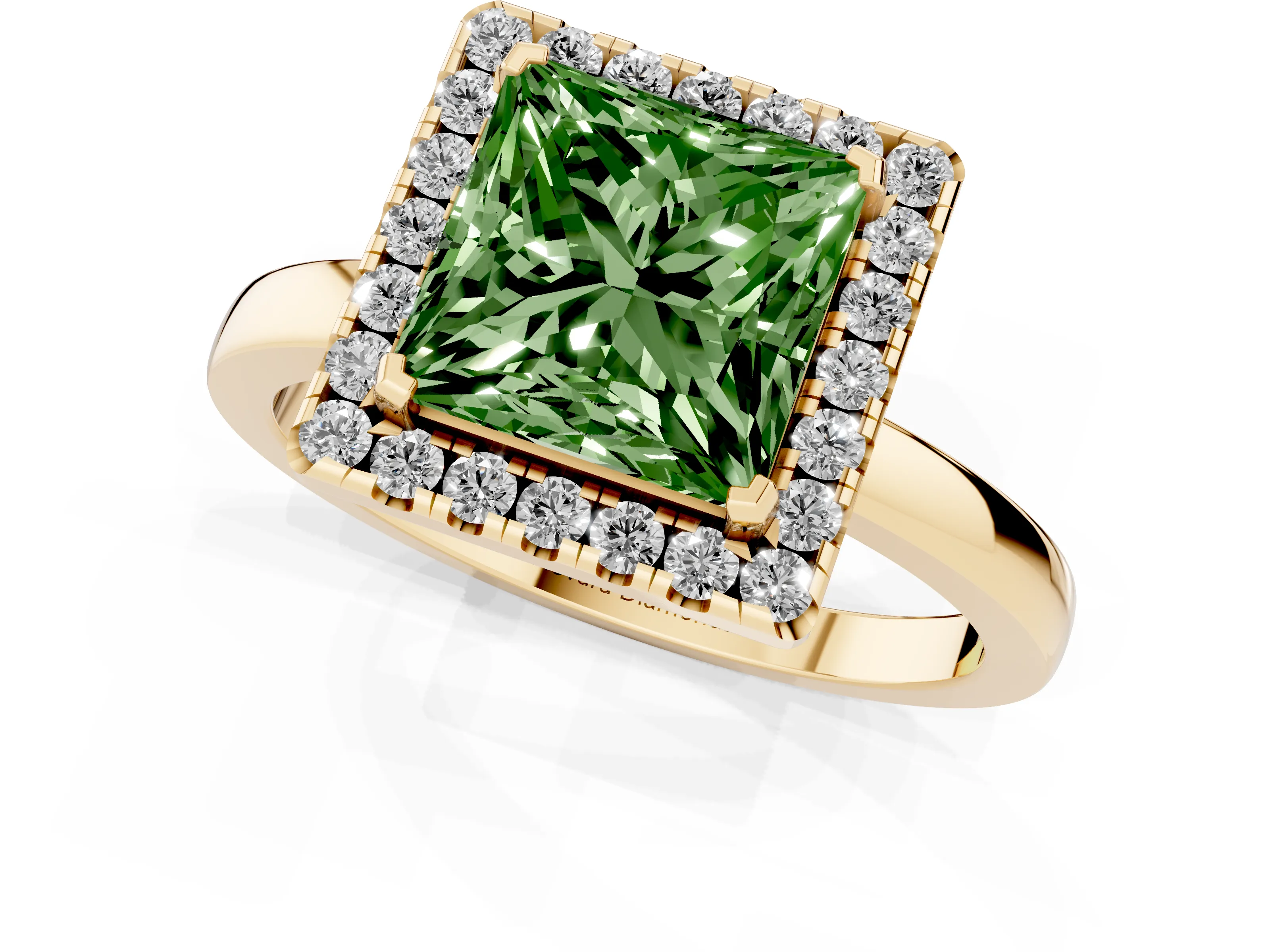 Fancy Green Princess Cut Diamond Halo Solitaire Ring Set in Yellow gold with Pavé Band and Prong Setting