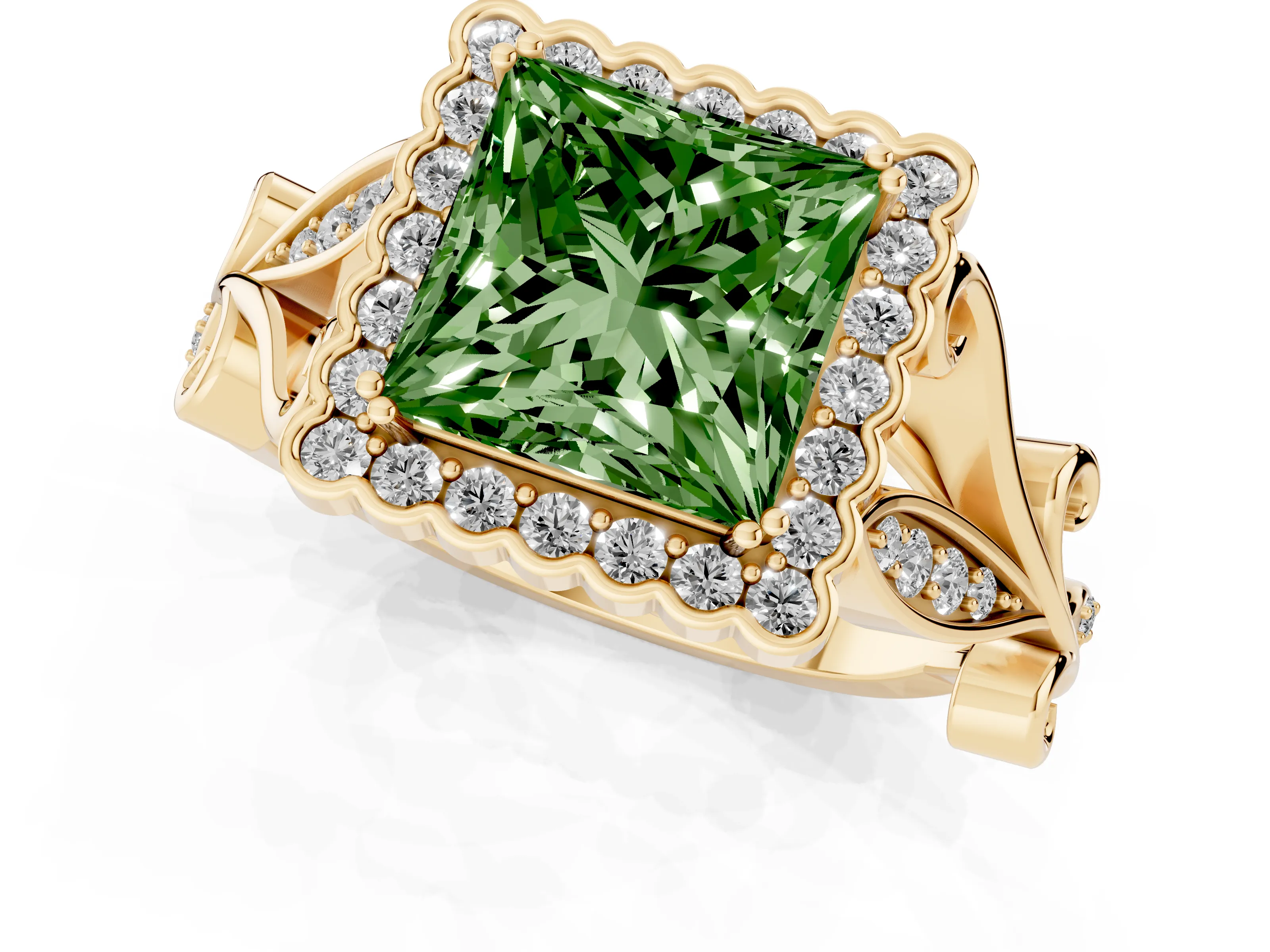 Fancy Green Princess Cut Diamond Halo Ring Set in Yellow gold with Leaf Motif Split Shank and Prong Setting – second view