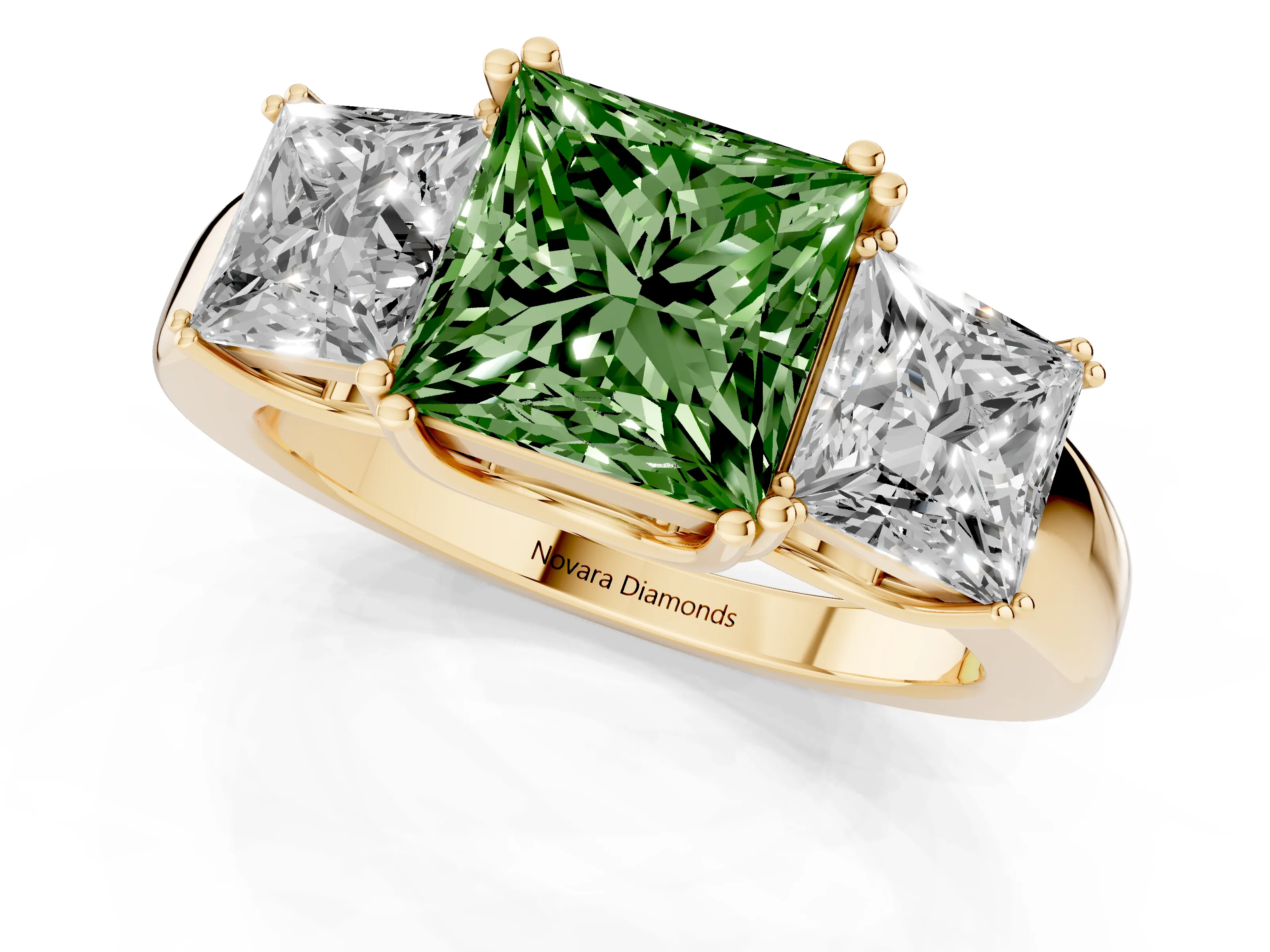 Fancy Green Princess Cut Diamond Three-Stone Ring Set in Yellow gold with Polished Channel-Set Band