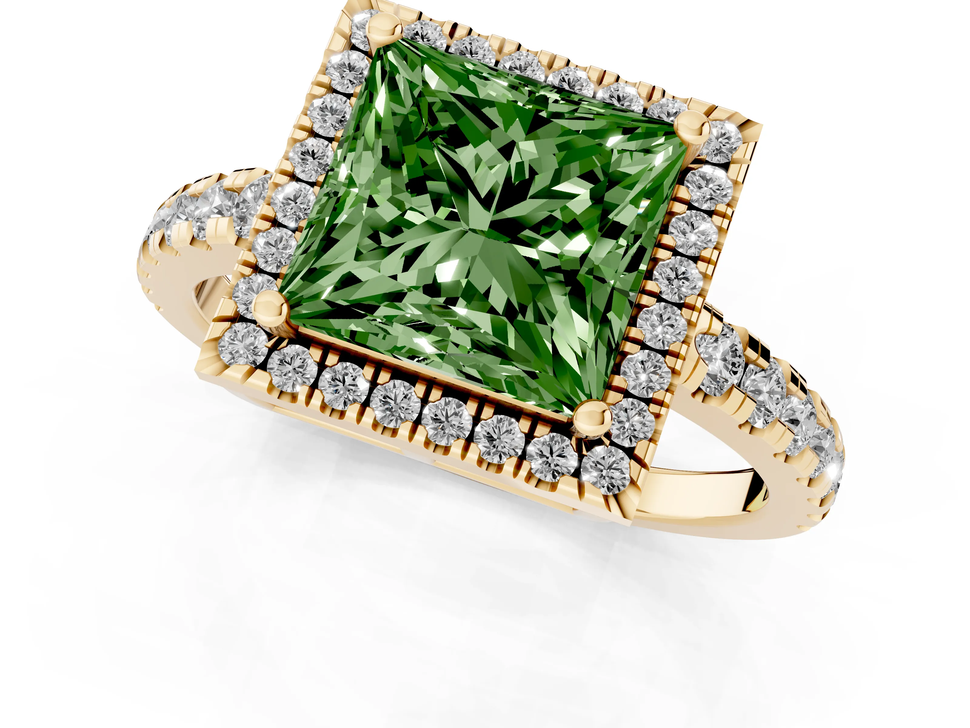Fancy Green Princess Cut Diamond Halo Ring Set in Yellow gold with Delicate Pavé Band and Prong Setting