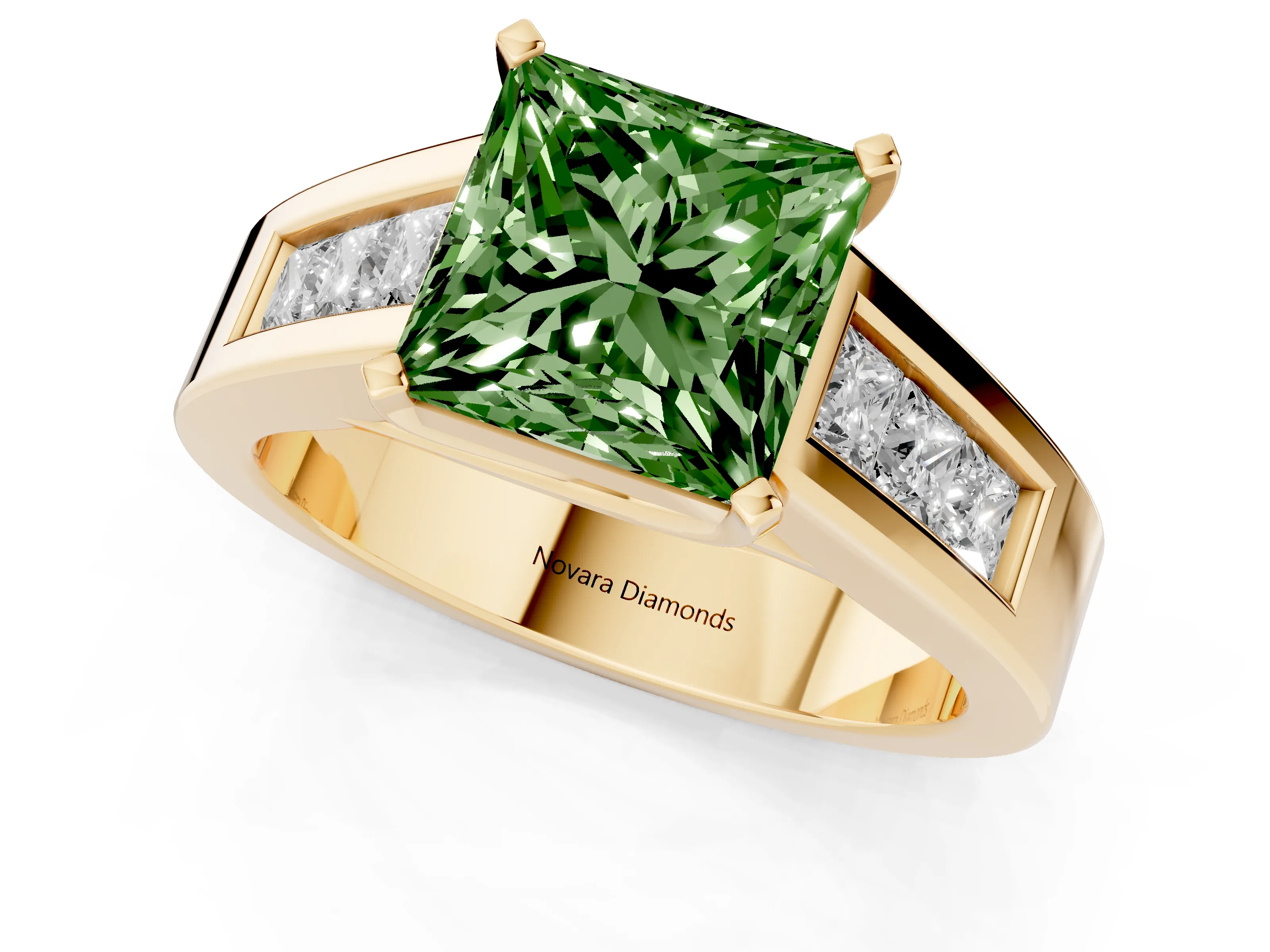 Fancy Green Princess Cut Diamond Solitaire Ring Set in Yellow gold with Channel-Set Accent Stones and Prong Setting