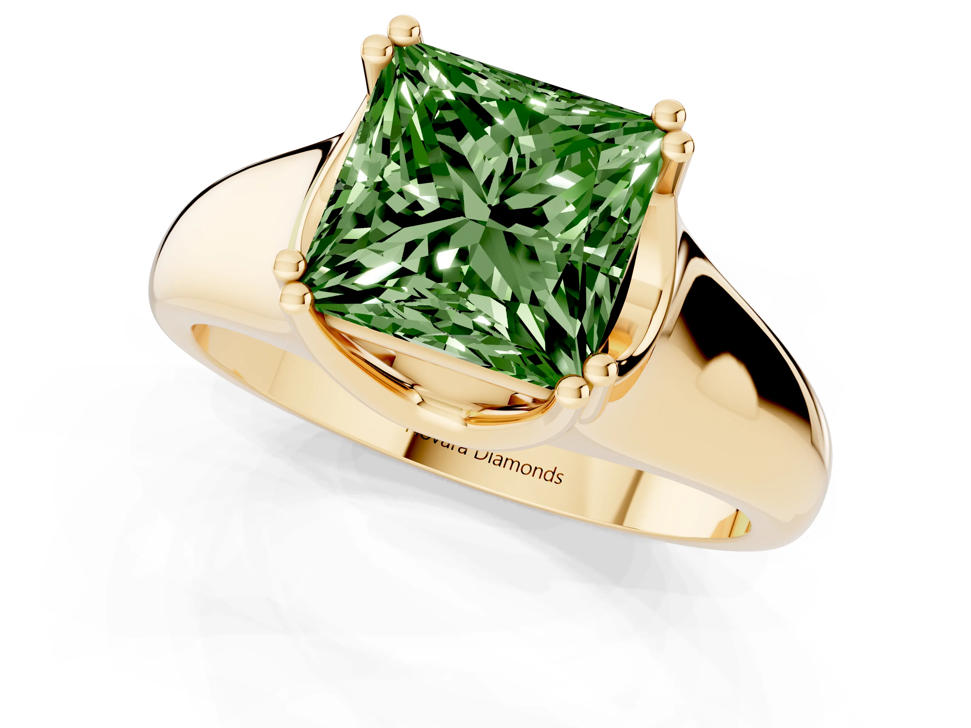 Fancy Green Princess Cut Diamond Solitaire Ring Set in Yellow gold with Wide Band and Prong Setting