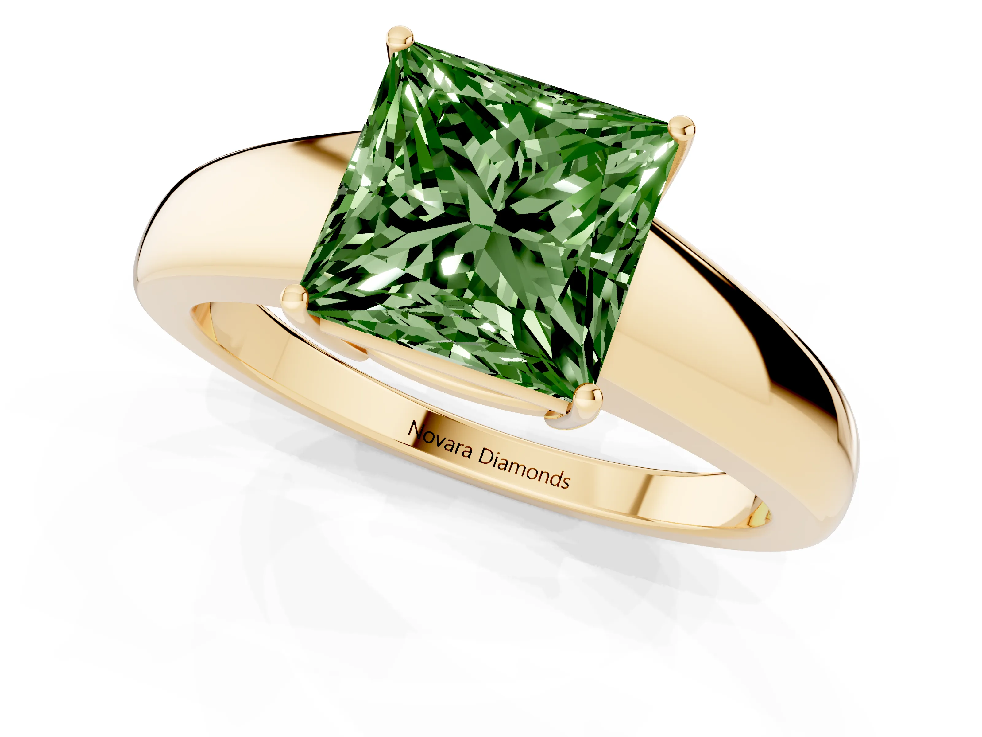 Fancy Green Princess Cut Diamond Solitaire Ring Set in Yellow gold with Tapered Band and Prong Setting