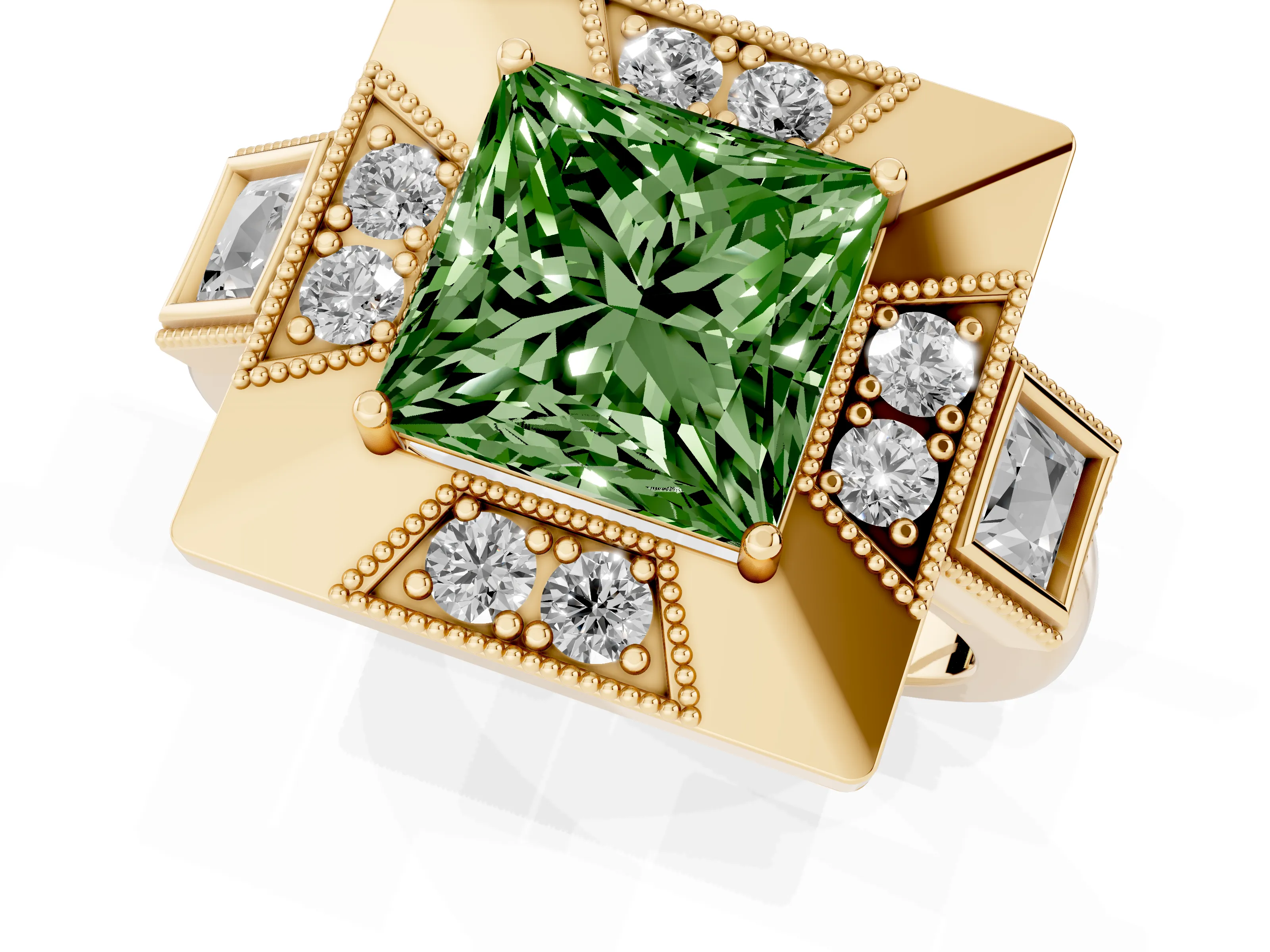 Fancy Green Princess Cut Diamond Milgrain Halo Ring Set in Yellow gold with Split Shank