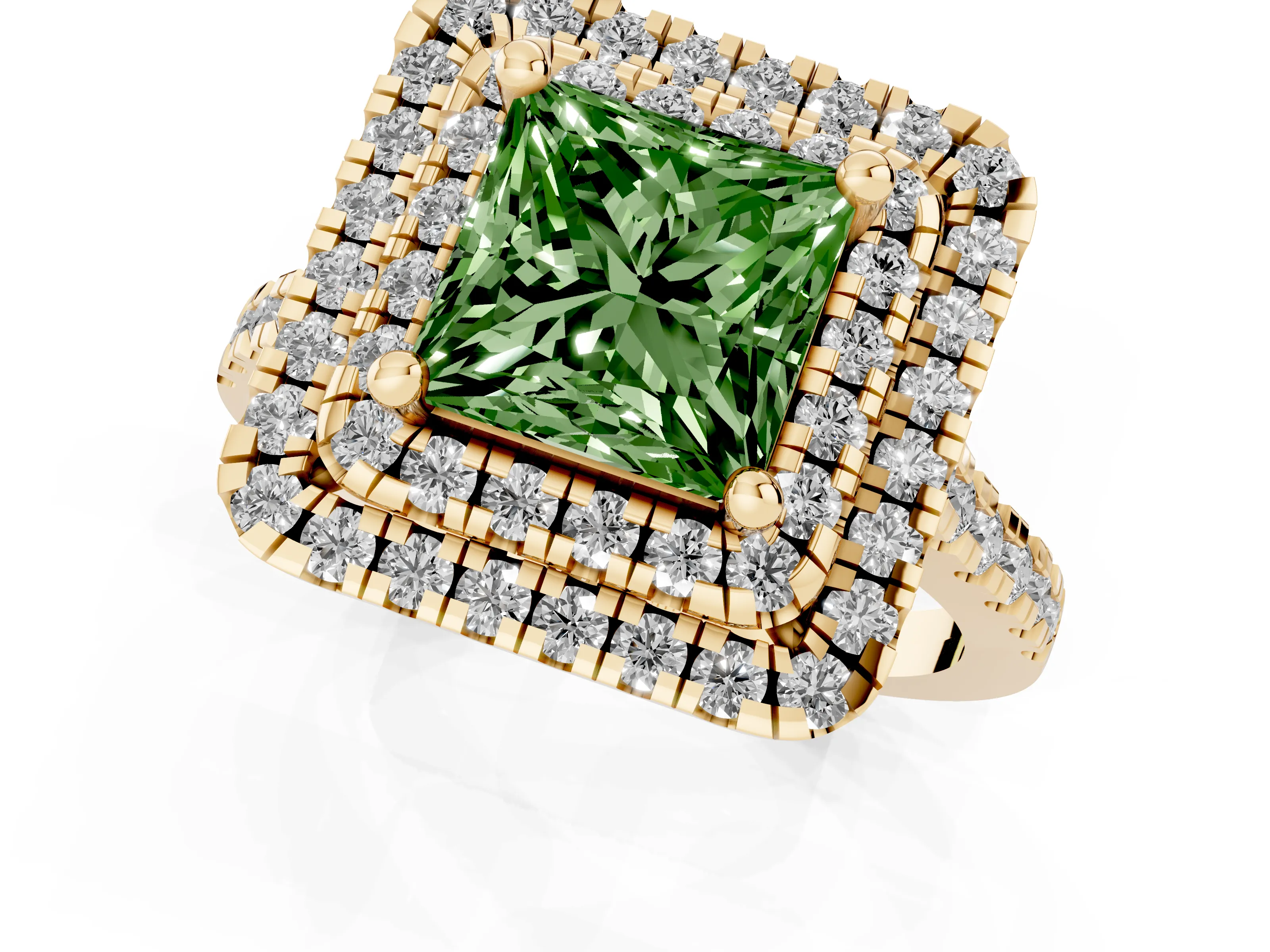 Fancy Green Princess Cut Diamond Double Halo Statement Ring Set in Yellow gold with Pavé Band