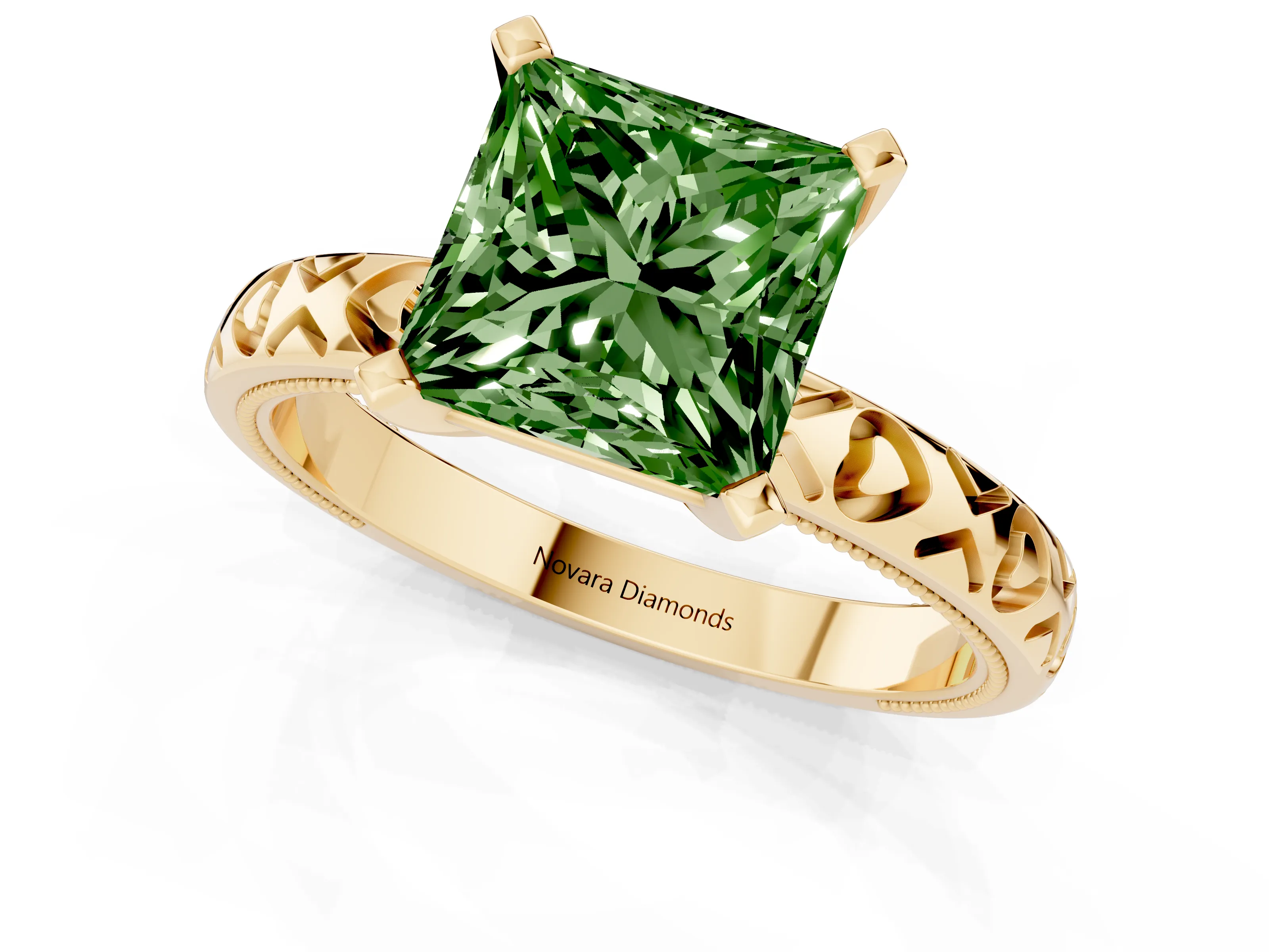 Fancy Green Princess Cut Diamond Solitaire Engagement Ring Set in Yellow gold with XO Engraved Band and Prong Setting