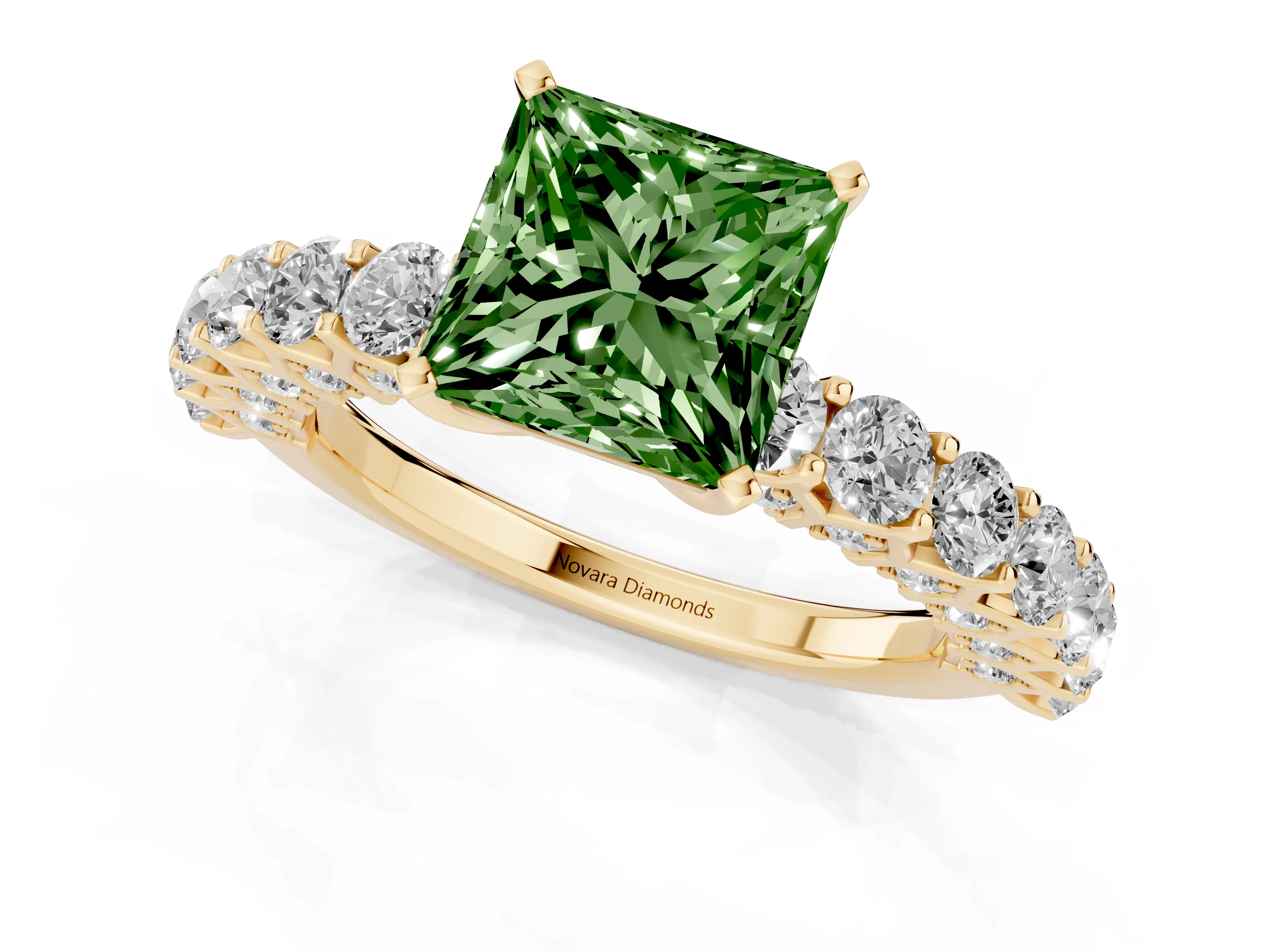 Fancy Green Princess Cut Diamond Solitaire Ring Set in Yellow gold with Shared Prong Pavé Band