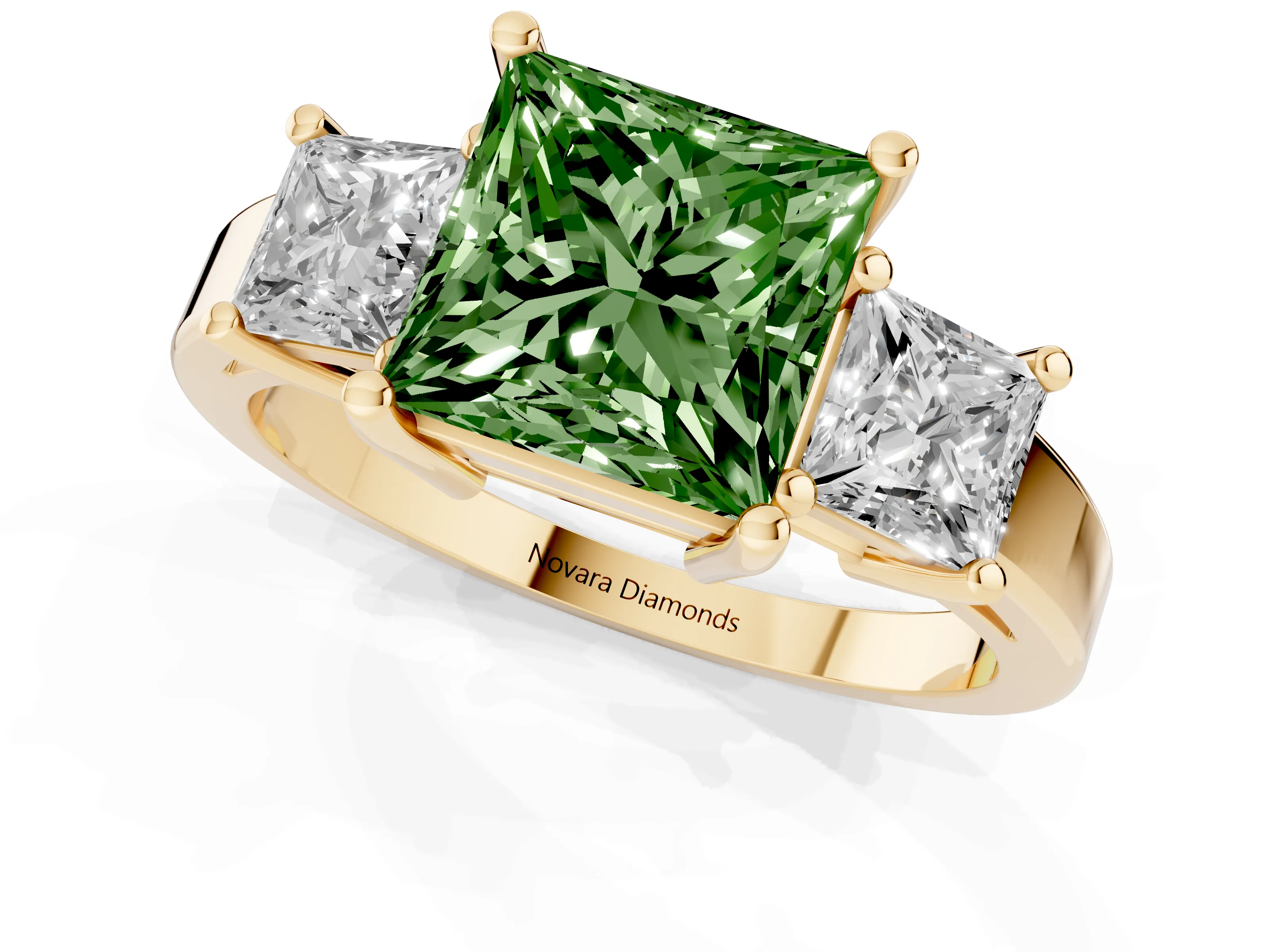 Fancy Green Three-Stone Princess Cut Diamond Solitaire Ring Set in Yellow gold with Prong Setting