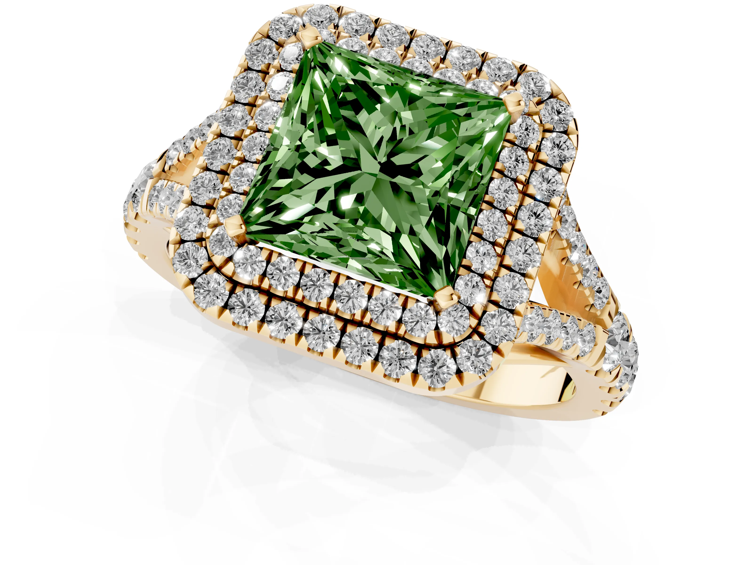 Fancy Green Princess Cut Diamond Pavé Split Shank Double Halo Engagement Ring Set in Yellow gold