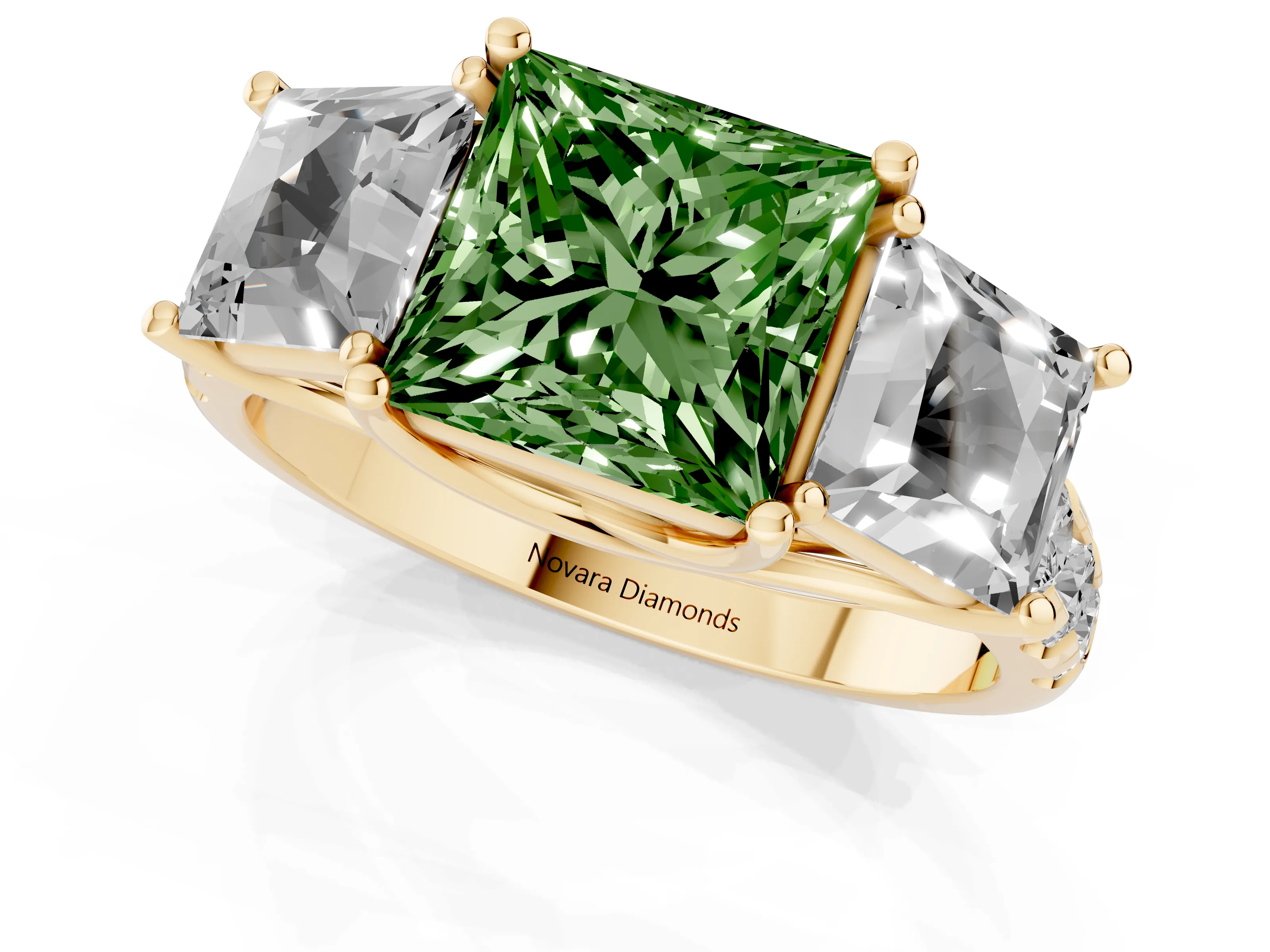Fancy Green Princess Cut Diamond Three-Stone Ring Set in Yellow gold with Pavé Band