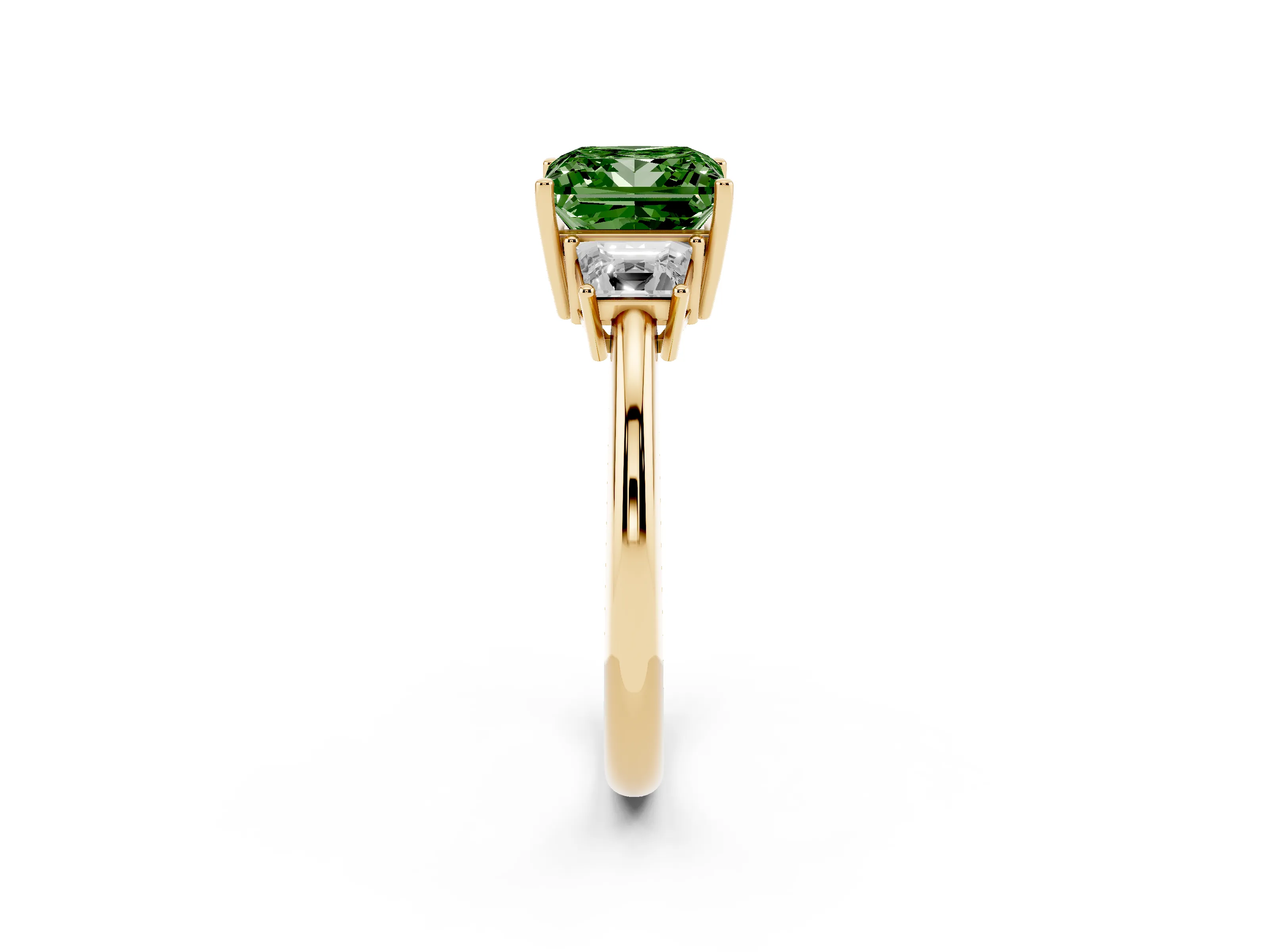 Fancy Green Princess Cut Diamond Three-Stone Ring Set in Yellow gold with Trapezoid Side Stones and Prong Setting
