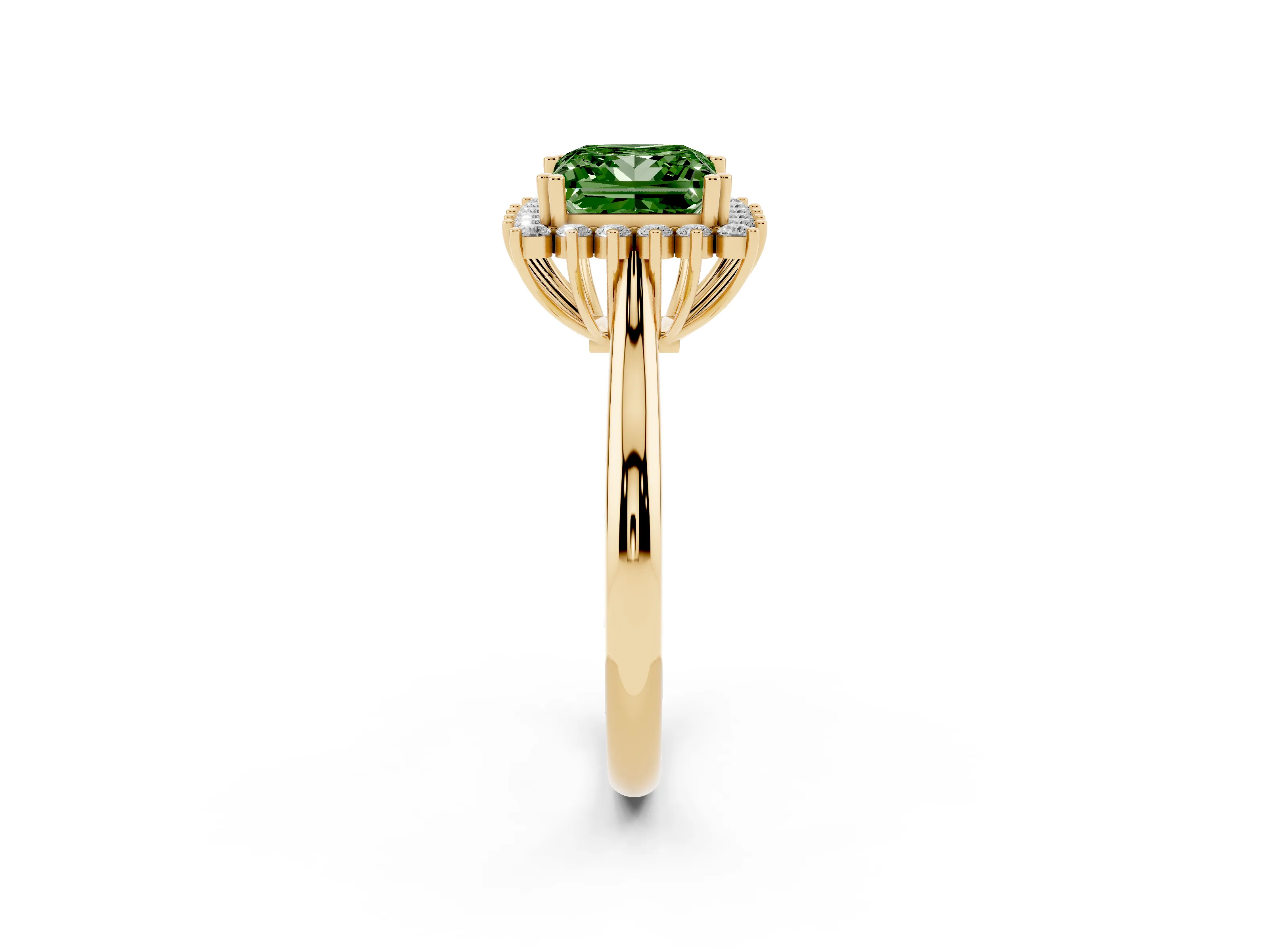 Fancy Green Princess Cut Diamond Halo Ring Set in Yellow gold with Plain Solitaire Band and Prong Setting