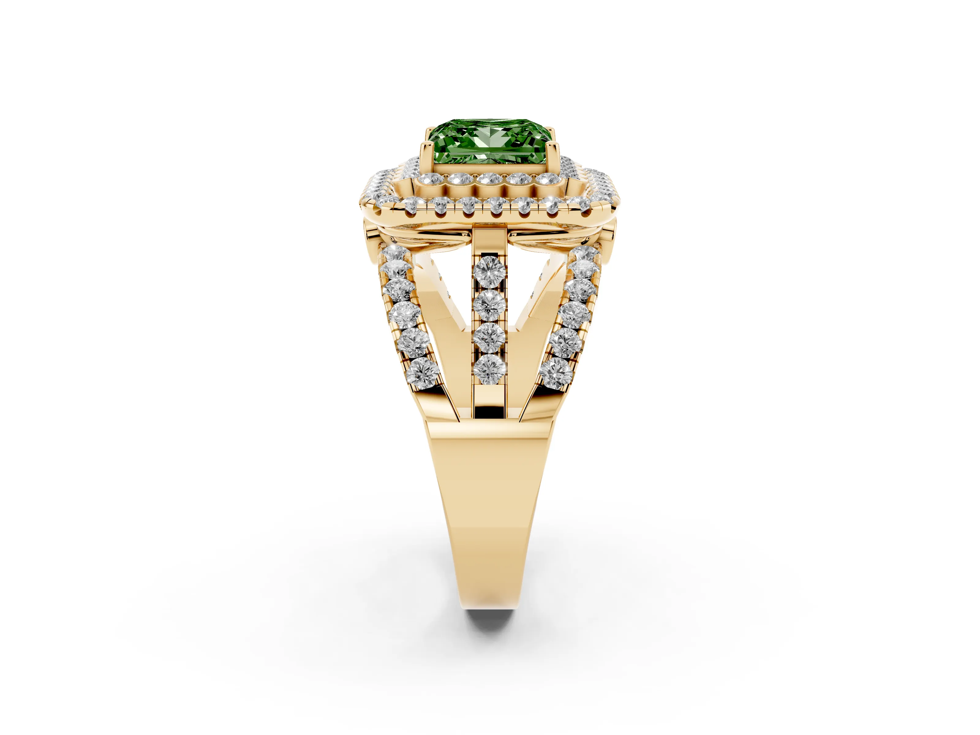 Fancy Green Princess Cut Diamond Double Halo Ring Set in Yellow gold with Round Pavé Split Shank