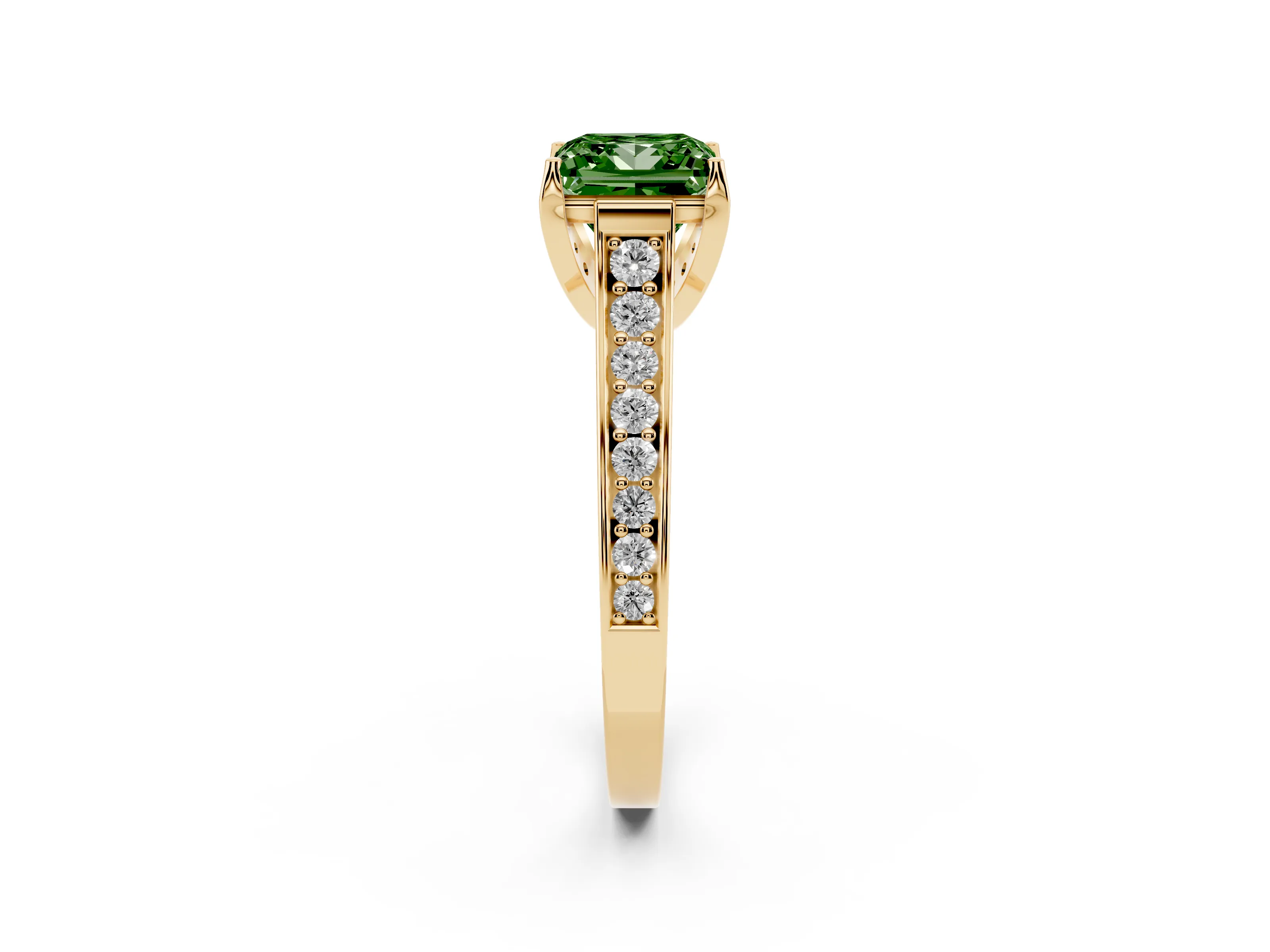 Fancy Green Princess Cut Diamond Solitaire Pavé Engagement Ring Set in Yellow gold with Prong Setting