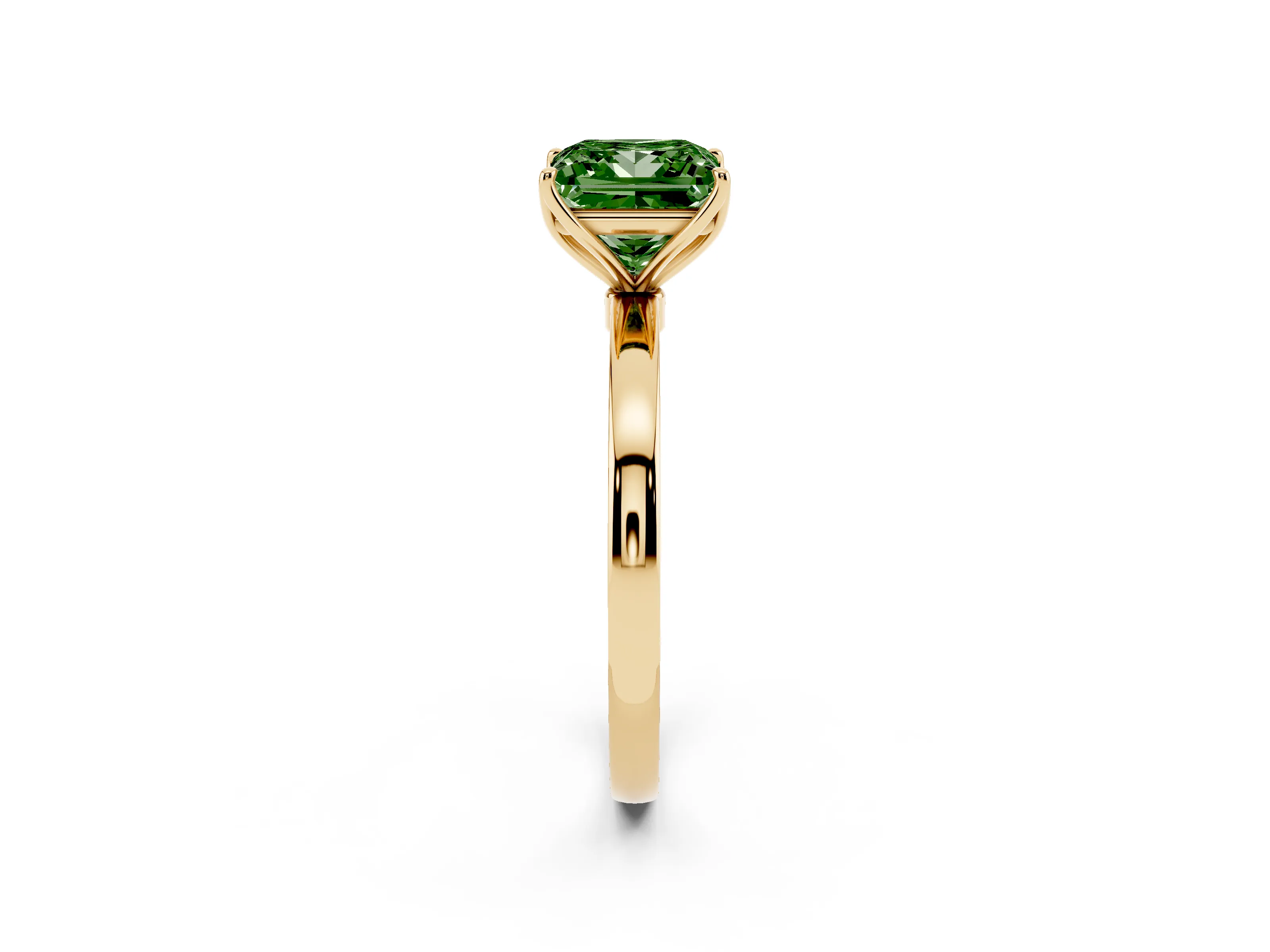 Fancy Green Princess Cut Diamond Solitaire Ring Set in Yellow gold with Prong Setting and Thin Polished Band