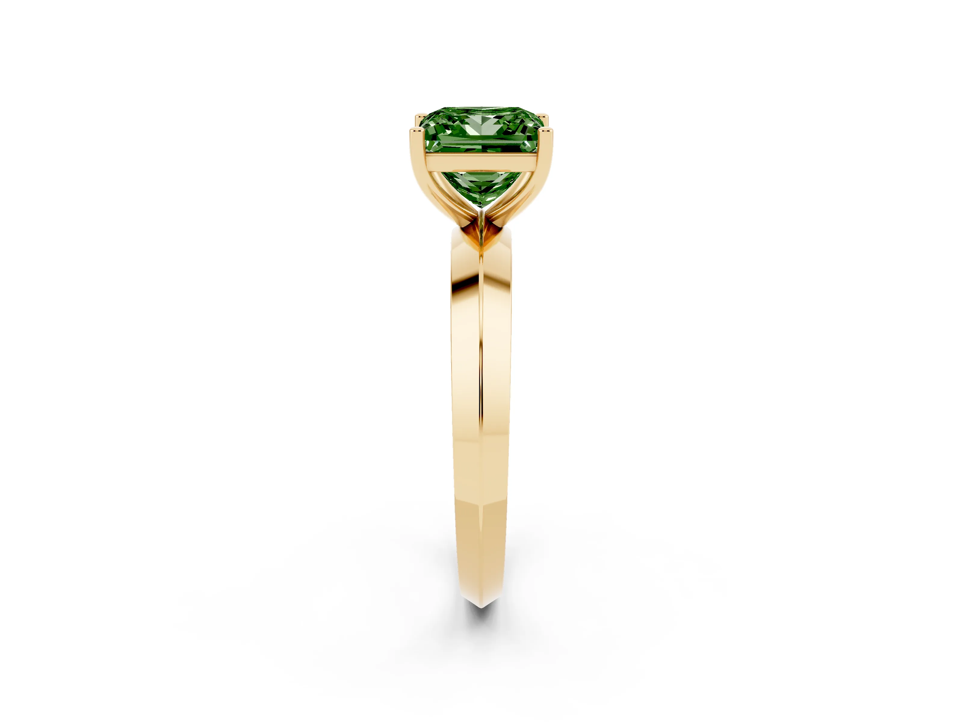 Fancy Green Princess Cut Diamond Solitaire Engagement Ring Set in Yellow gold with Flat Band and Prong Setting