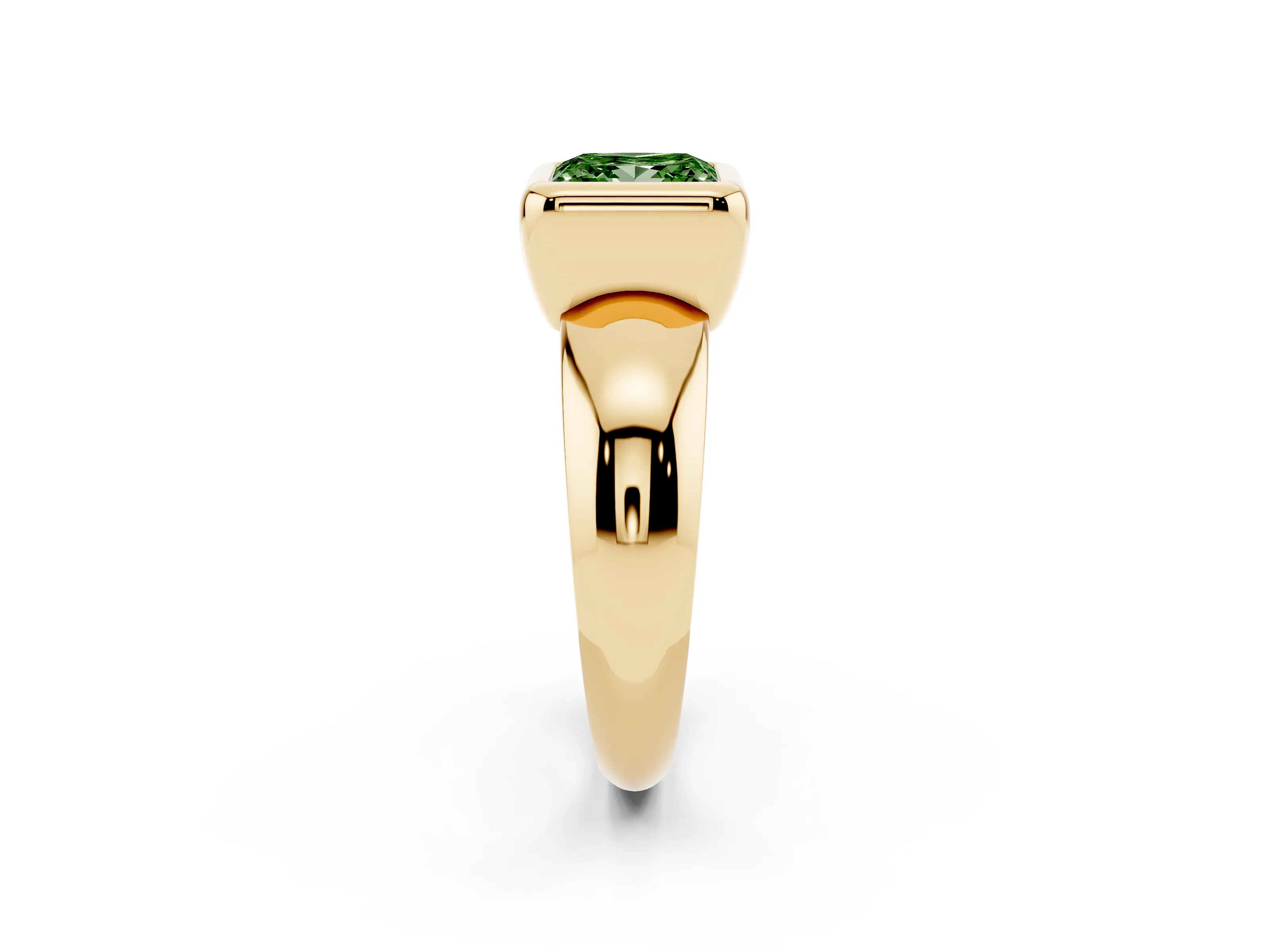 Fancy Green Bezel Set Princess Cut Diamond Solitaire Ring Set in Yellow gold with Wide Band
