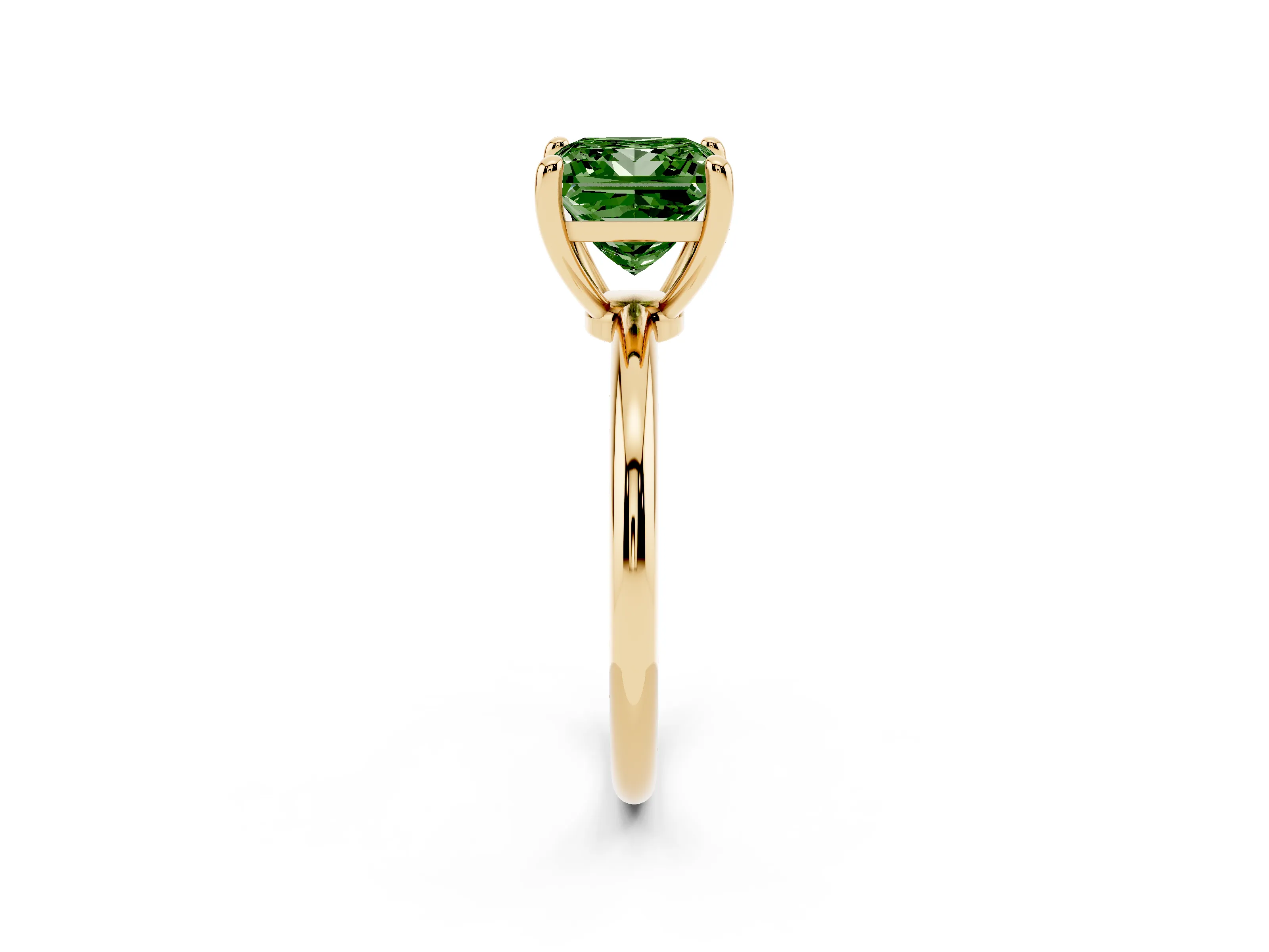 Fancy Green Princess Cut Diamond Solitaire Ring Set in Yellow gold with Secure Prong Setting on a Classic Band