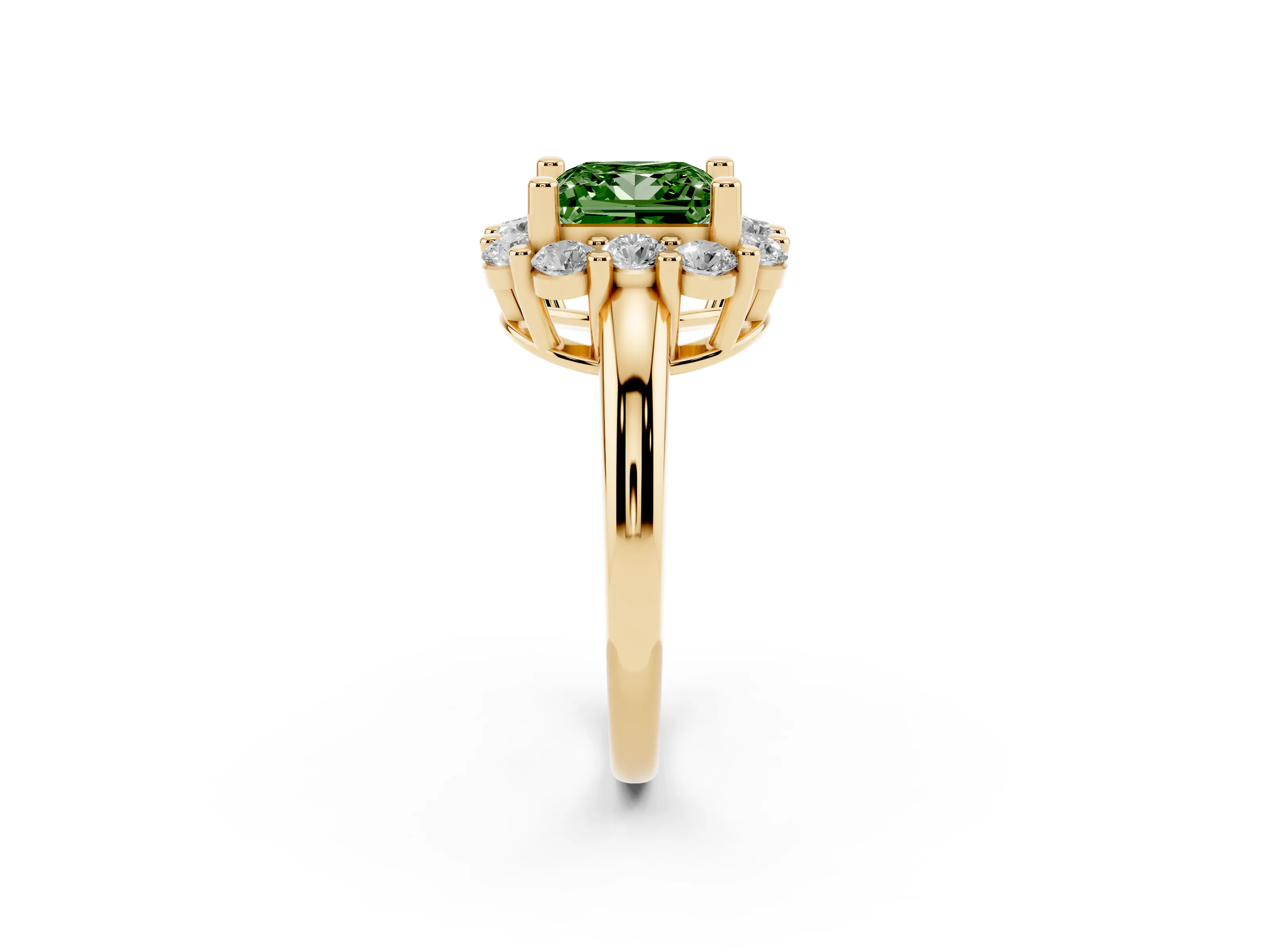 Fancy Green Princess Cut Diamond Halo Cluster Engagement Ring Set in Yellow gold with Polished Band and Prong Setting
