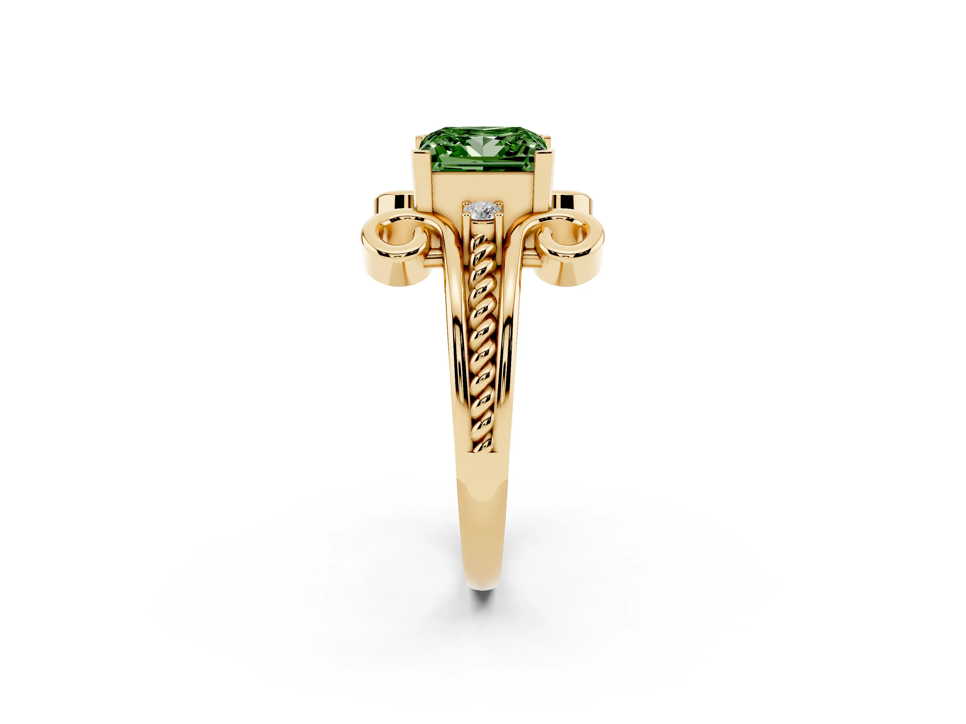Fancy Green Princess Cut Diamond Twisted Band Solitaire Ring Set in Yellow gold with Scroll Prongs