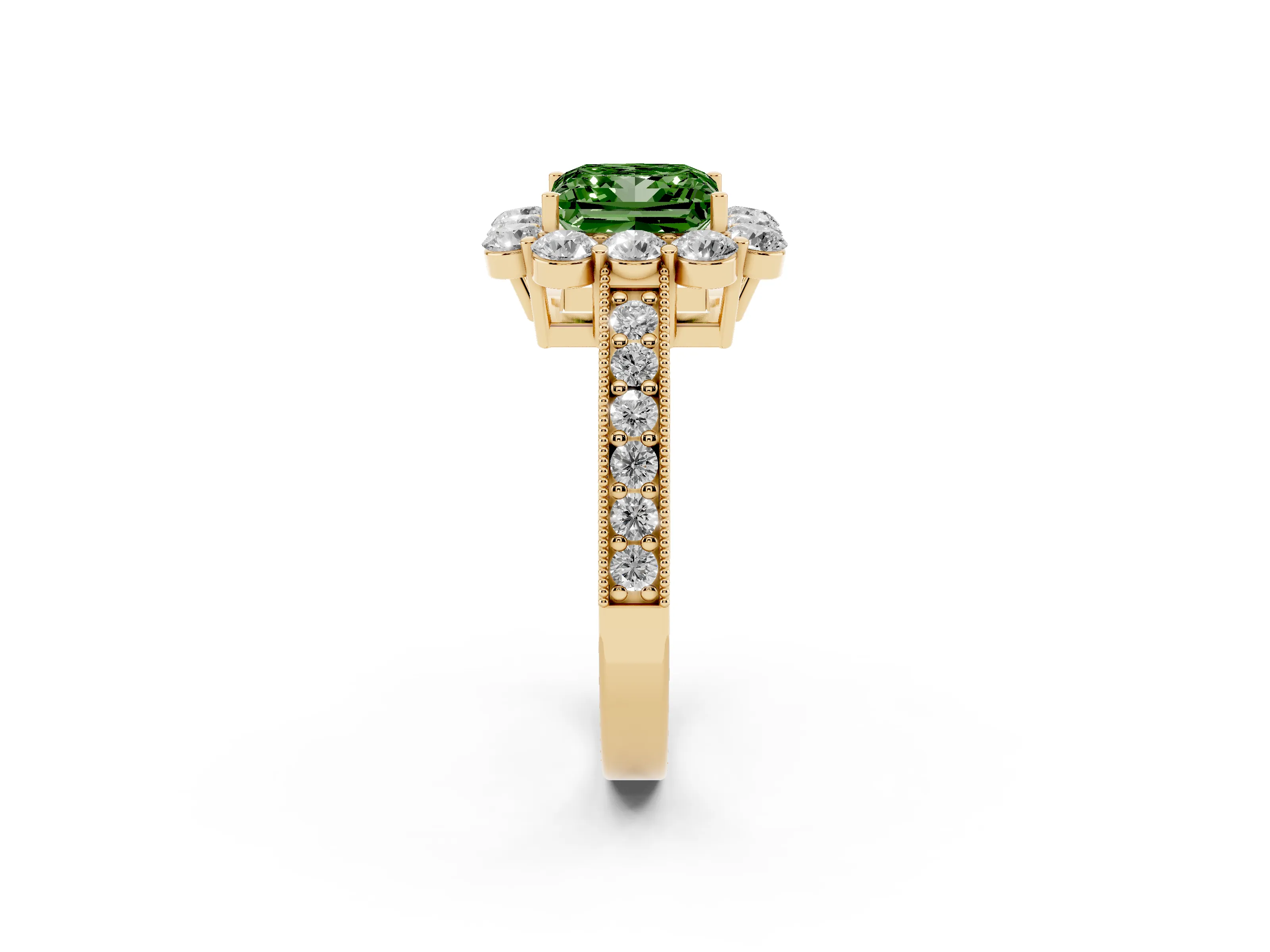 Fancy Green Princess Cut Diamond Halo Pavé Engagement Ring Set in Yellow gold with Milgrain Detailing