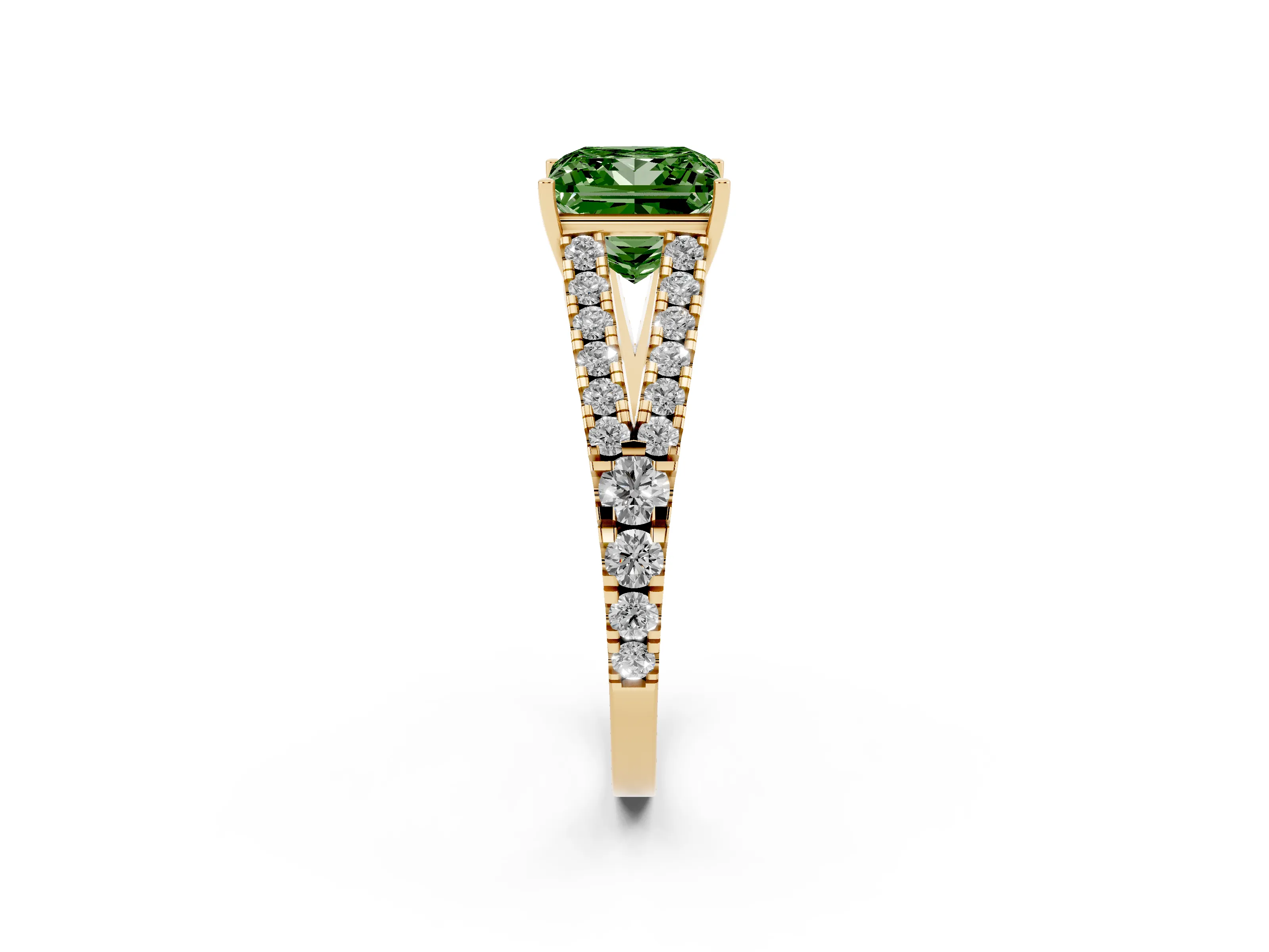 Fancy Green Princess Cut Diamond Split Shank Pavé Engagement Ring Set in Yellow gold with Prong-Held Center Stone