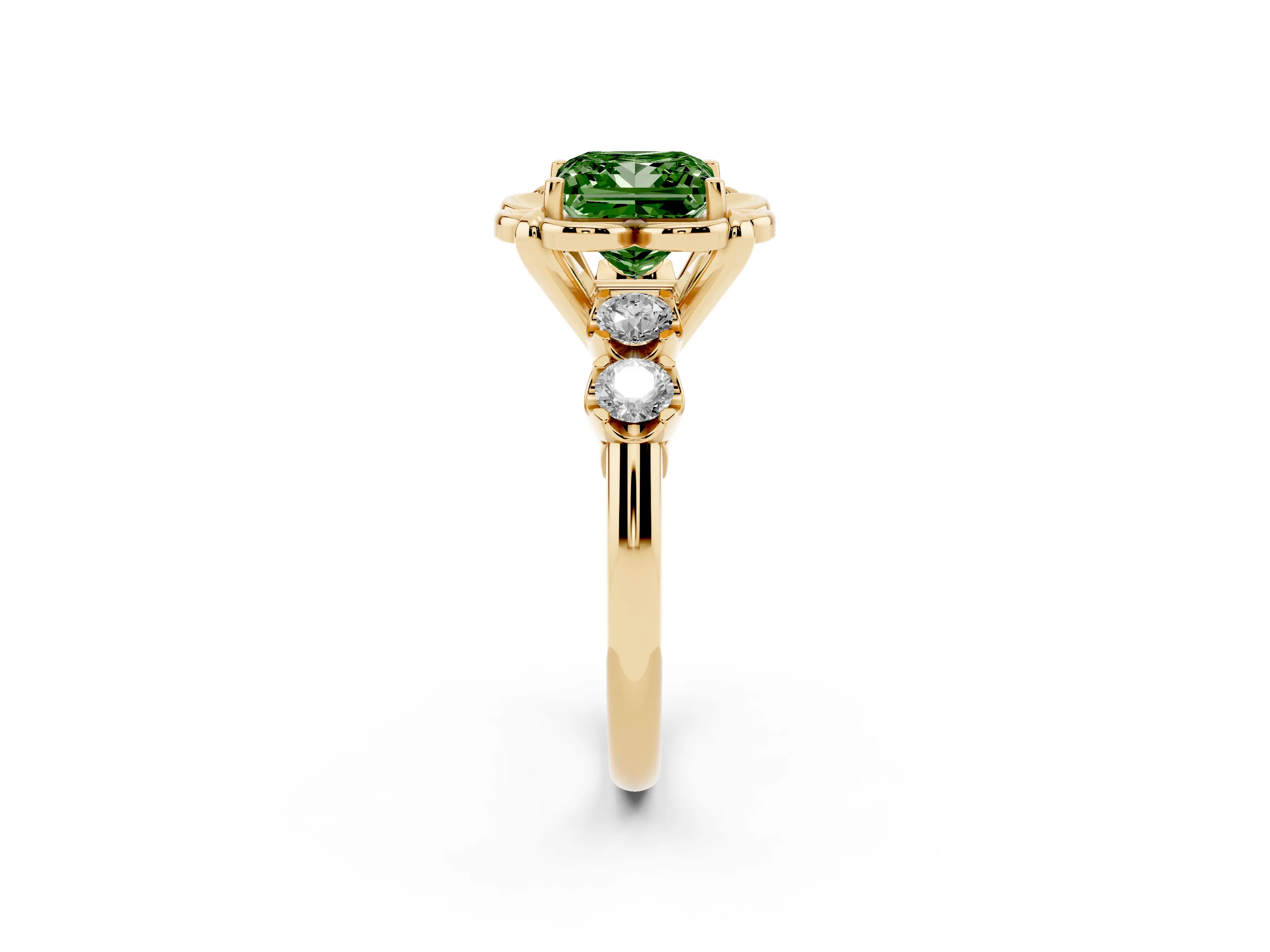 Fancy Green Princess Cut Diamond Floral Halo Ring Set in Yellow gold with Shared Prong Band