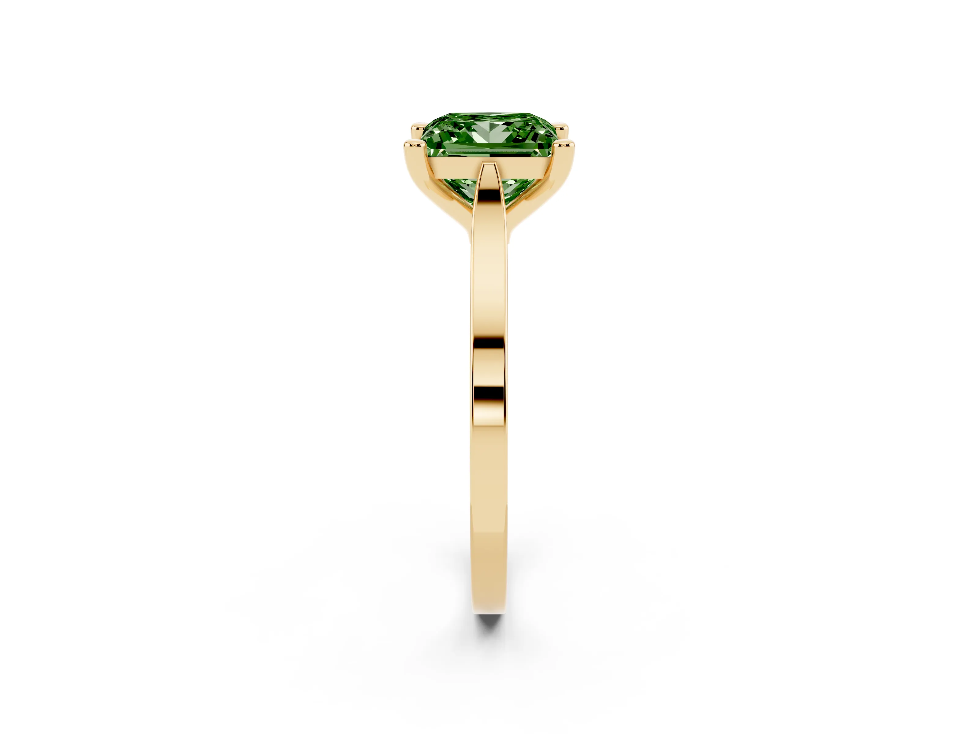 Fancy Green Princess Cut Diamond Solitaire Ring Set in Yellow gold with Prong Setting and Tapered Band