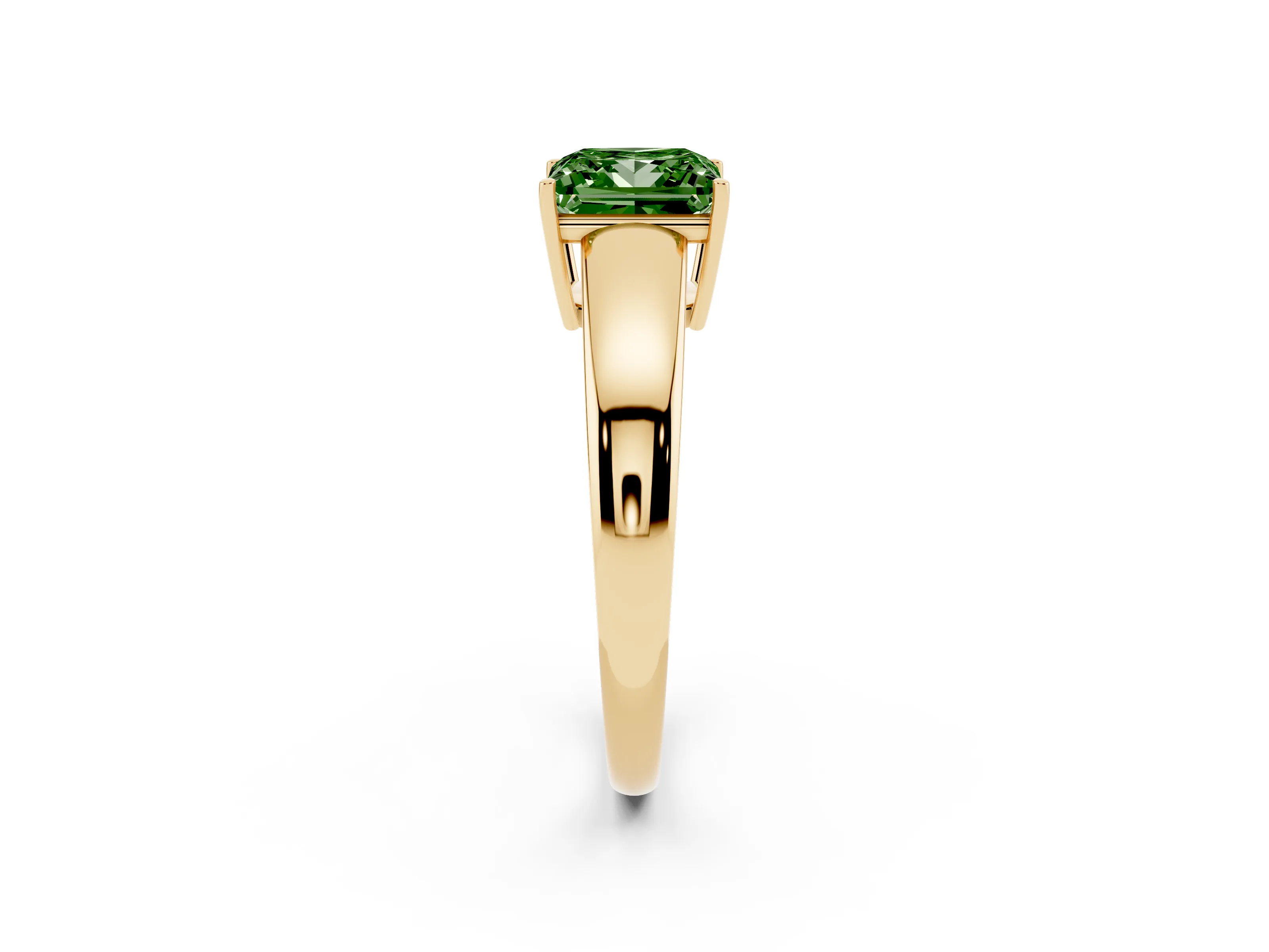 Fancy Green Princess Cut Diamond Solitaire Ring Set in Yellow gold with Tapered Band and Prong Setting