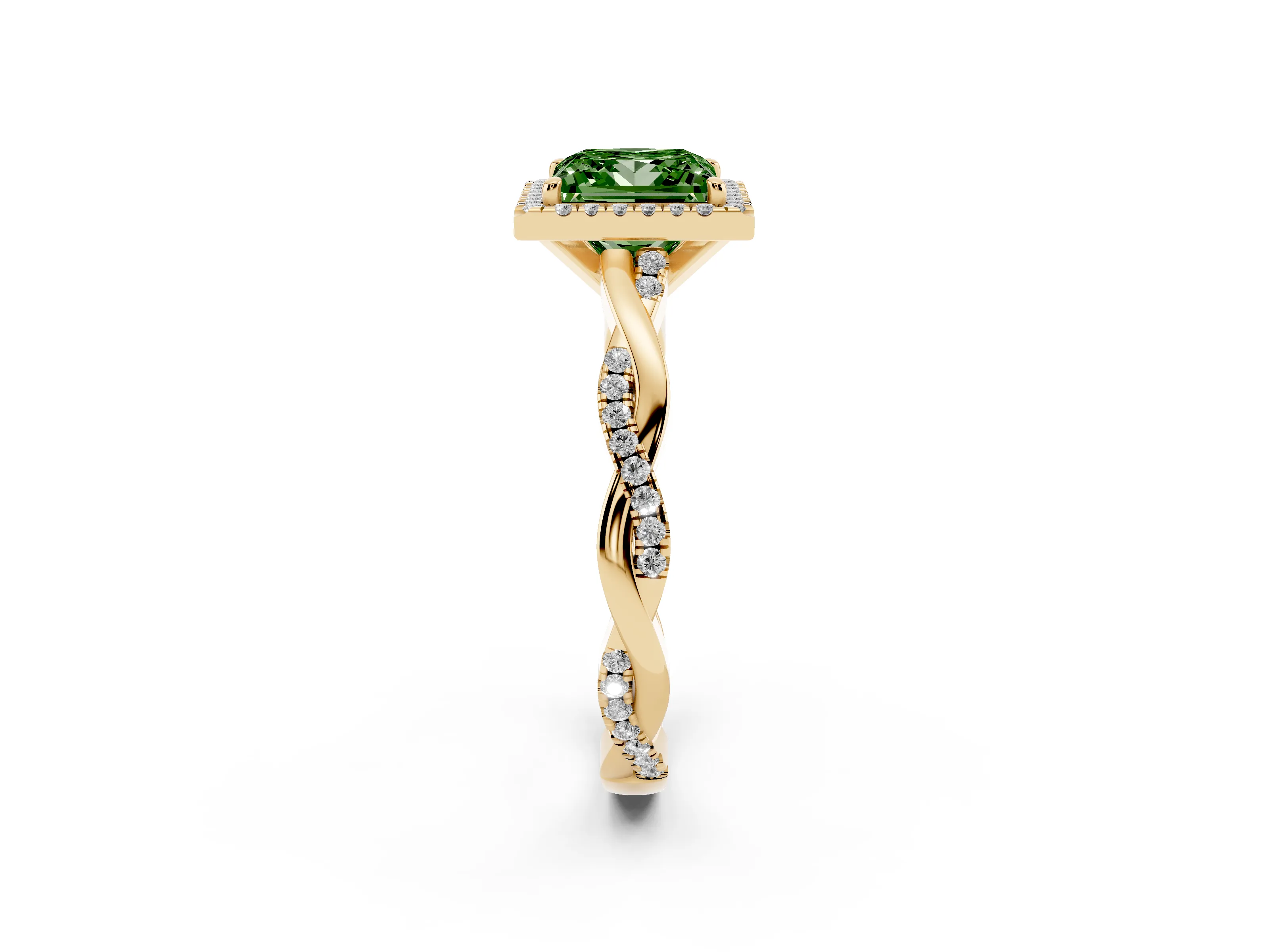 Fancy Green Princess Cut Diamond Halo Twisted Band Ring Set in Yellow gold with Prong Setting