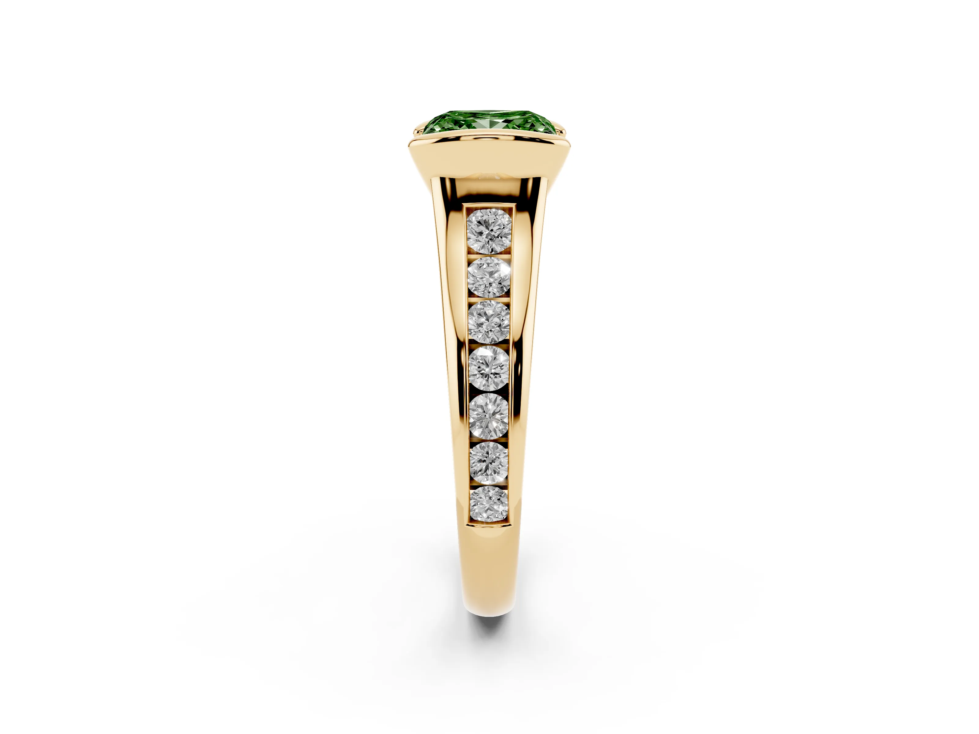 Fancy Green Princess Cut Diamond Bezel-Set Solitaire Ring Set in Yellow gold with Channel-Set Band