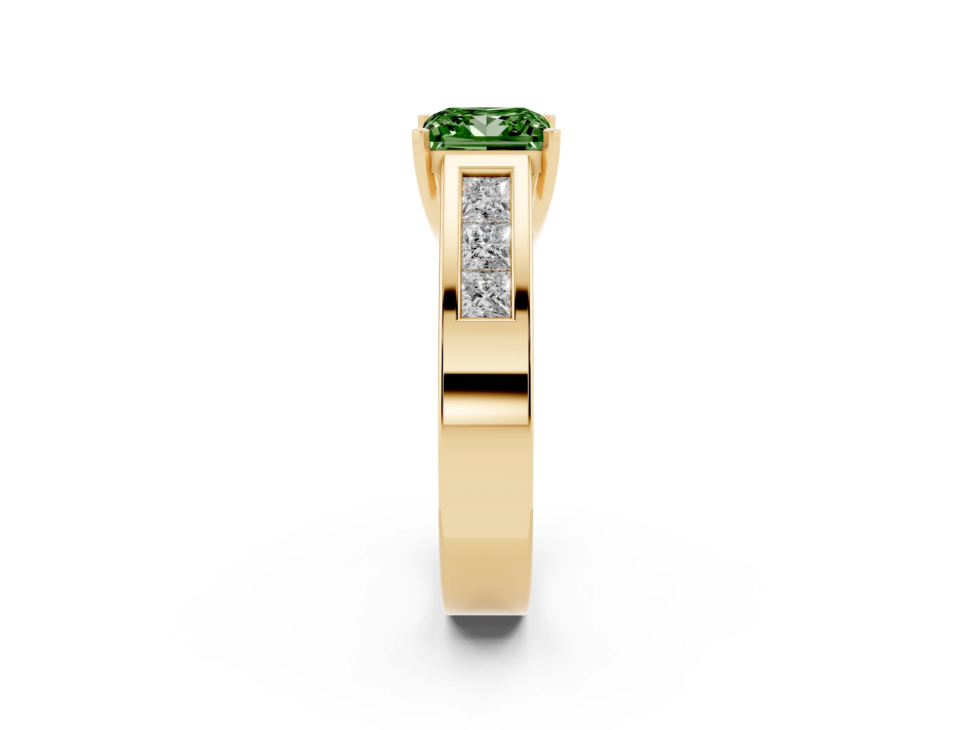 Fancy Green Princess Cut Diamond Solitaire Ring Set in Yellow gold with Channel-Set Accent Stones and Prong Setting