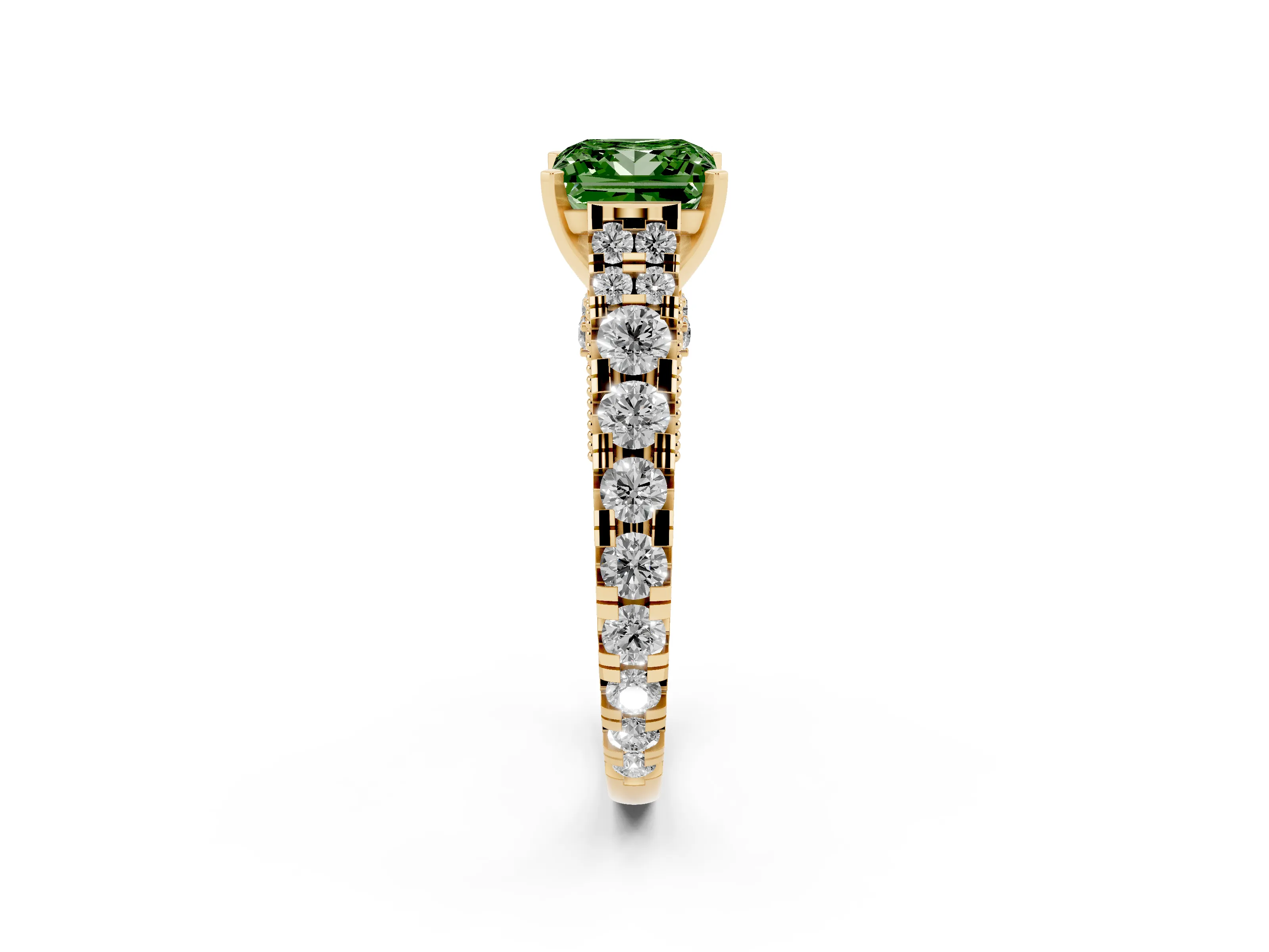 Fancy Green Princess Cut Diamond Classic Solitaire Ring Set in Yellow gold with Pavé Band and Prong Setting