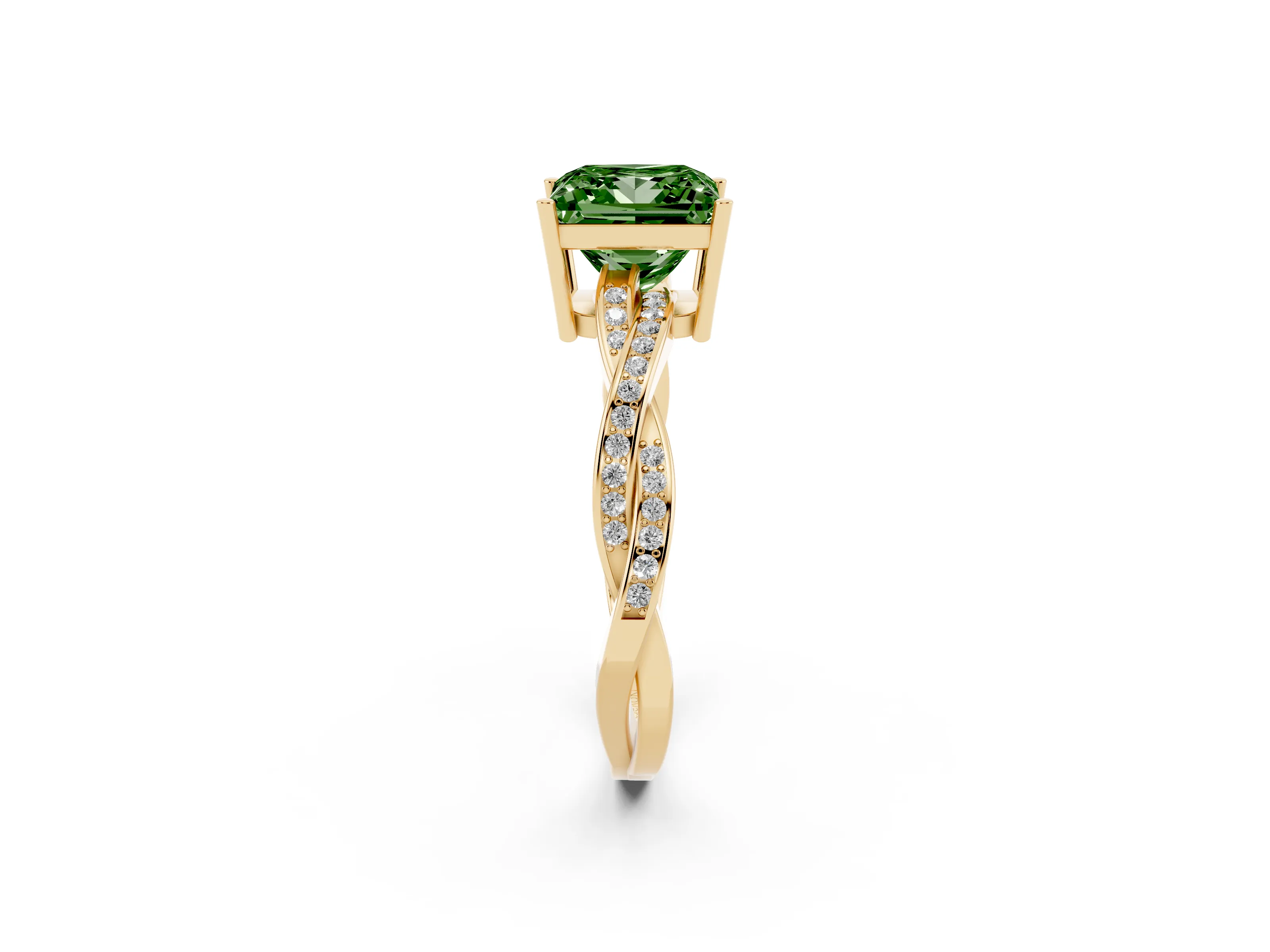 Fancy Green Princess Cut Diamond Solitaire Twisted Pavé Ring Set in Yellow gold with Prong Setting