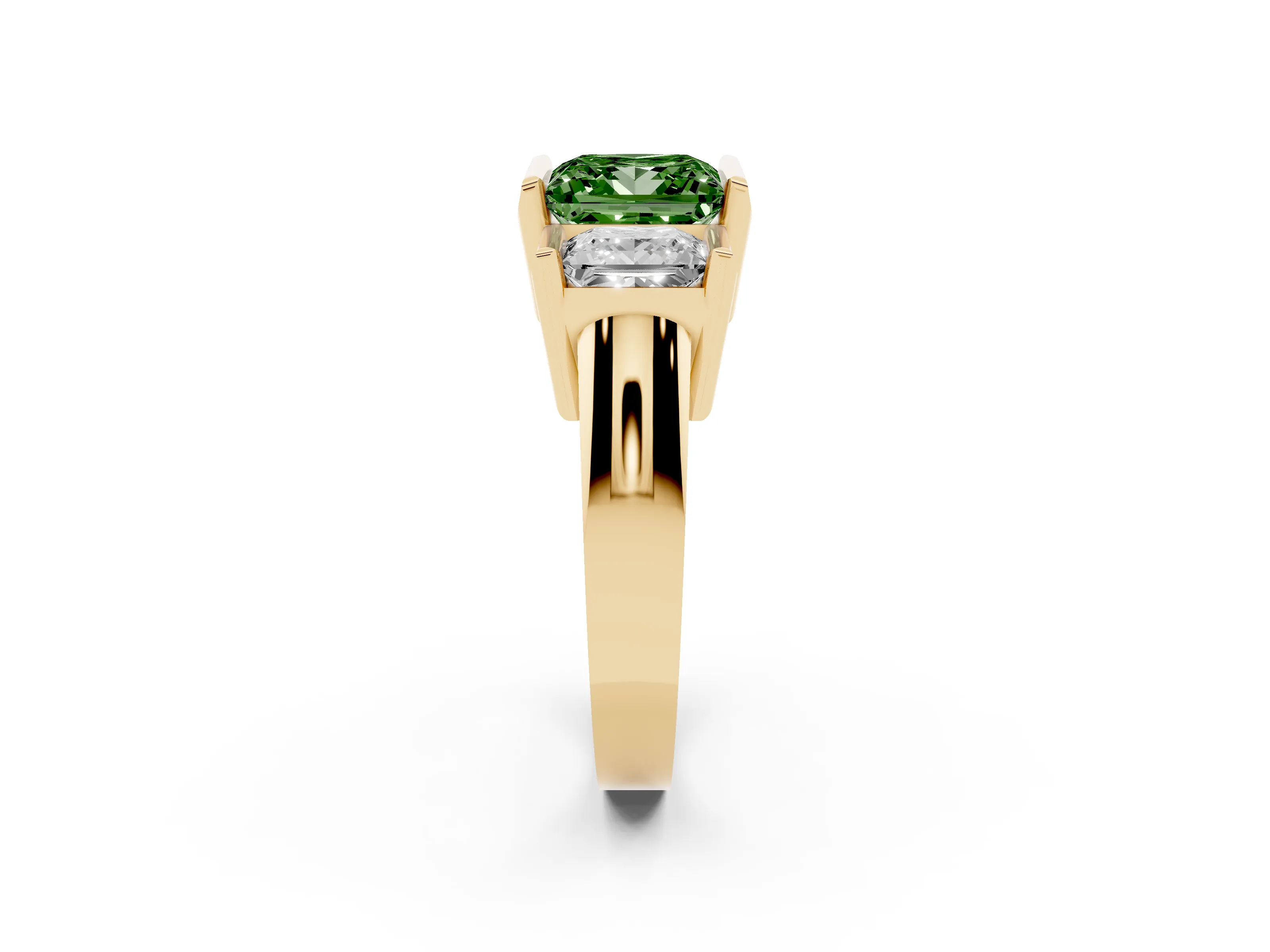 Fancy Green Princess Cut Diamond Three-Stone Channel Set Ring Set in Yellow gold with Smooth Polished Band